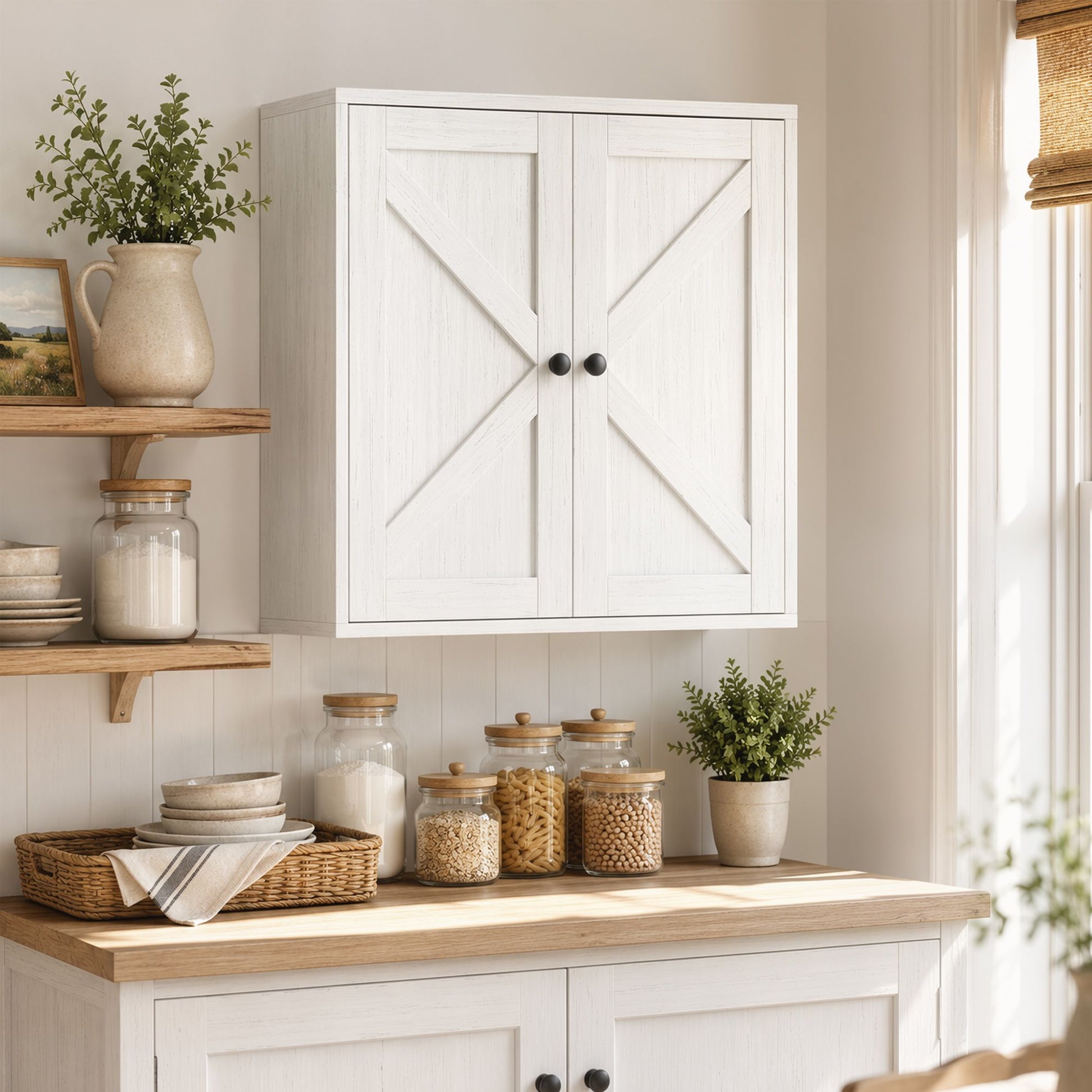 HOMCOM Farmhouse Wall-Mounted Bathroom Cabinet, White Wood Grain - product view 8
