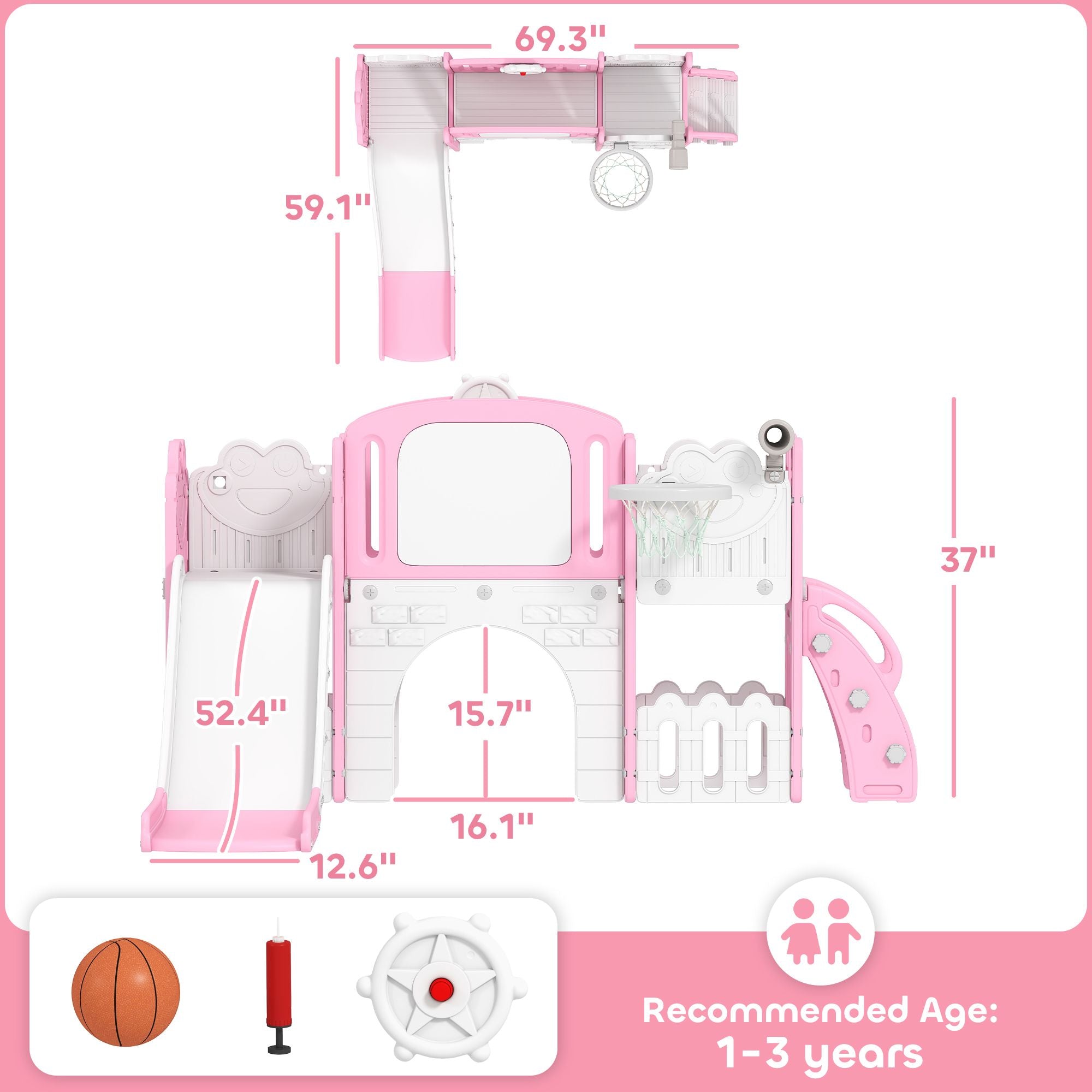 Qaba 7-in-1 Toddler Slide and Climber with Basketball Hoop, Pink - product view 3