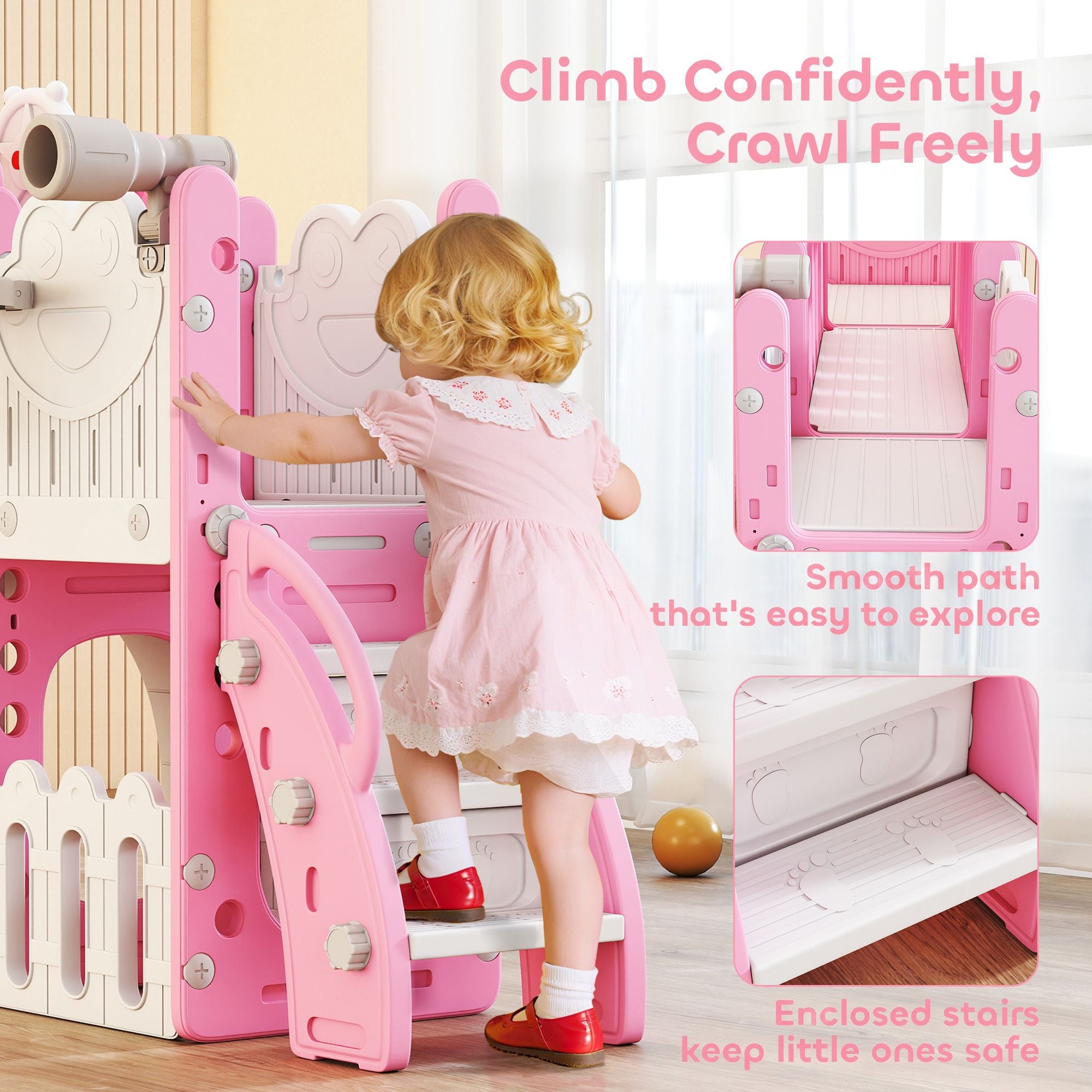 Qaba 7-in-1 Toddler Slide and Climber with Basketball Hoop, Pink - product view 7