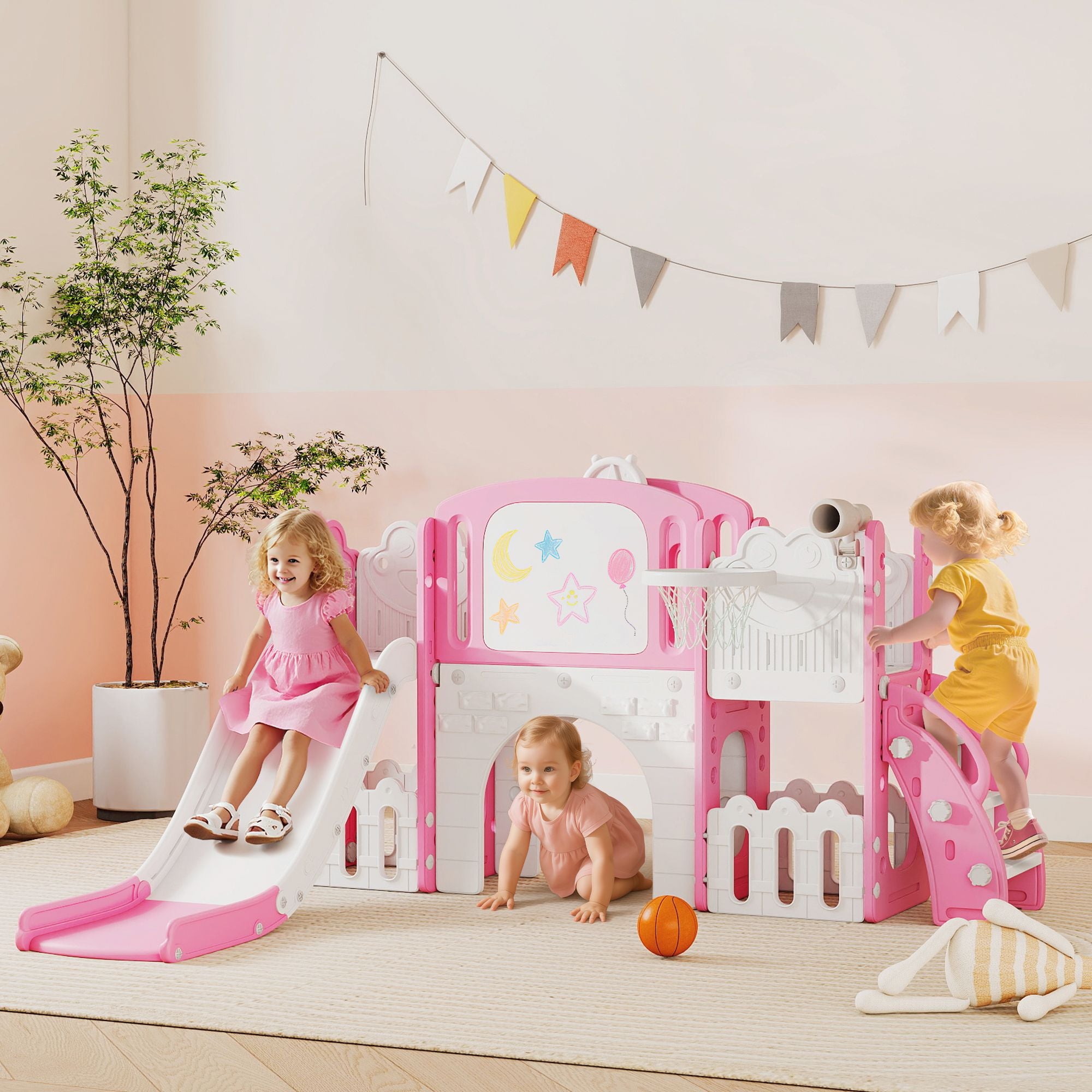 Qaba 7-in-1 Toddler Slide and Climber with Basketball Hoop, Pink - product view 2
