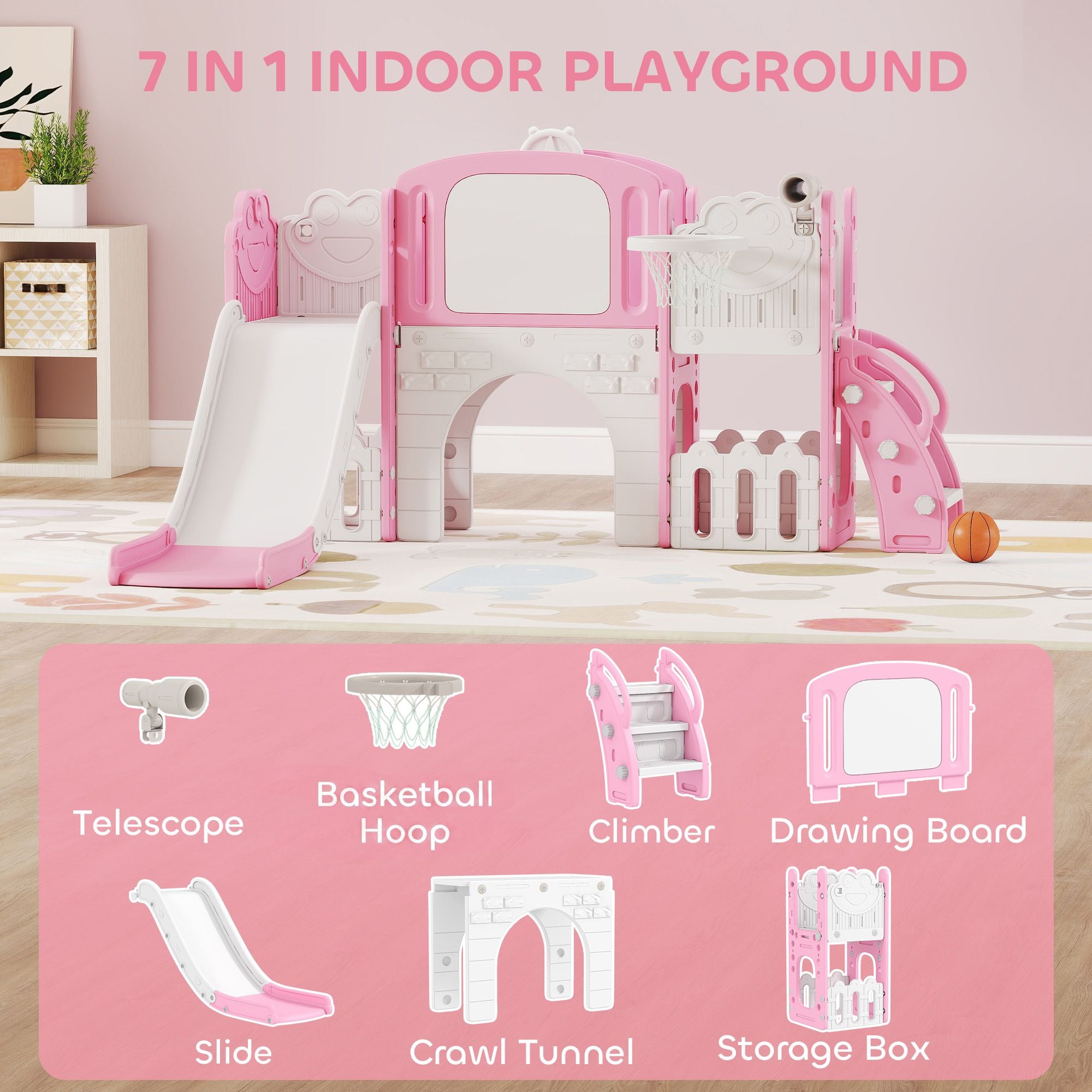 Qaba 7-in-1 Toddler Slide and Climber with Basketball Hoop, Pink - product view 4