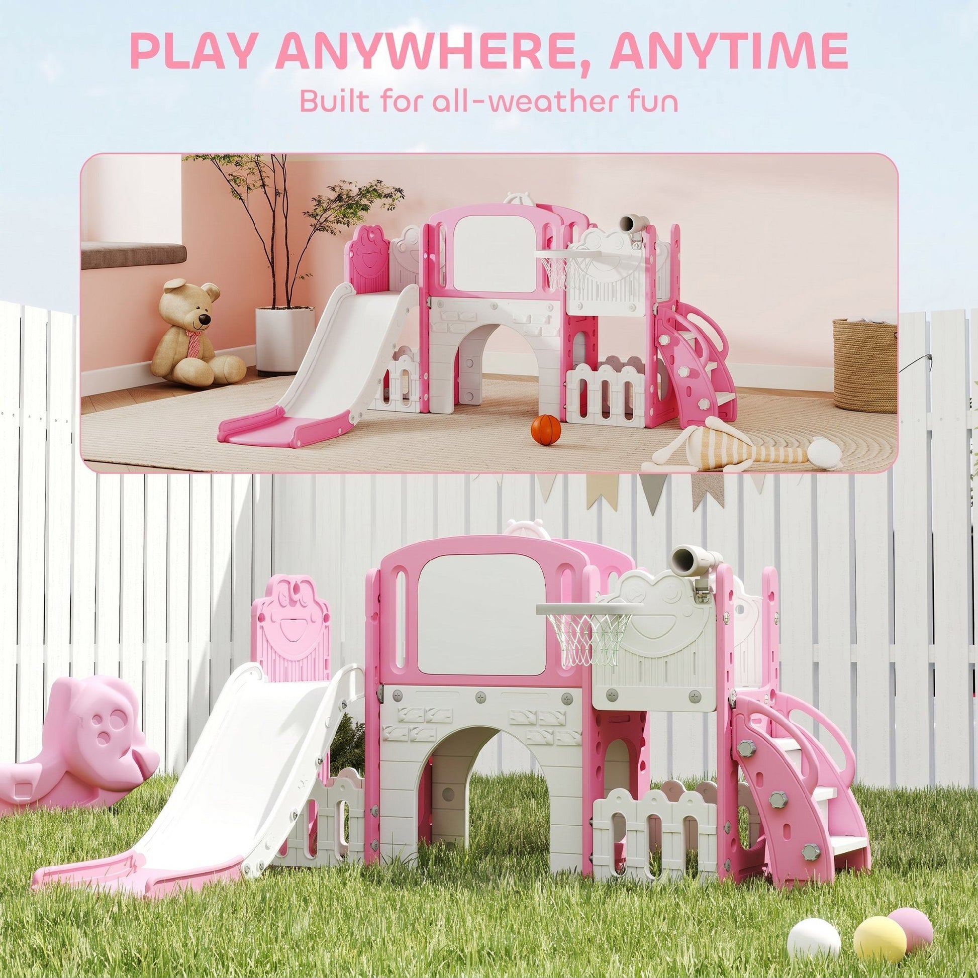 Qaba 7-in-1 Toddler Slide and Climber with Basketball Hoop, Pink - product view 8
