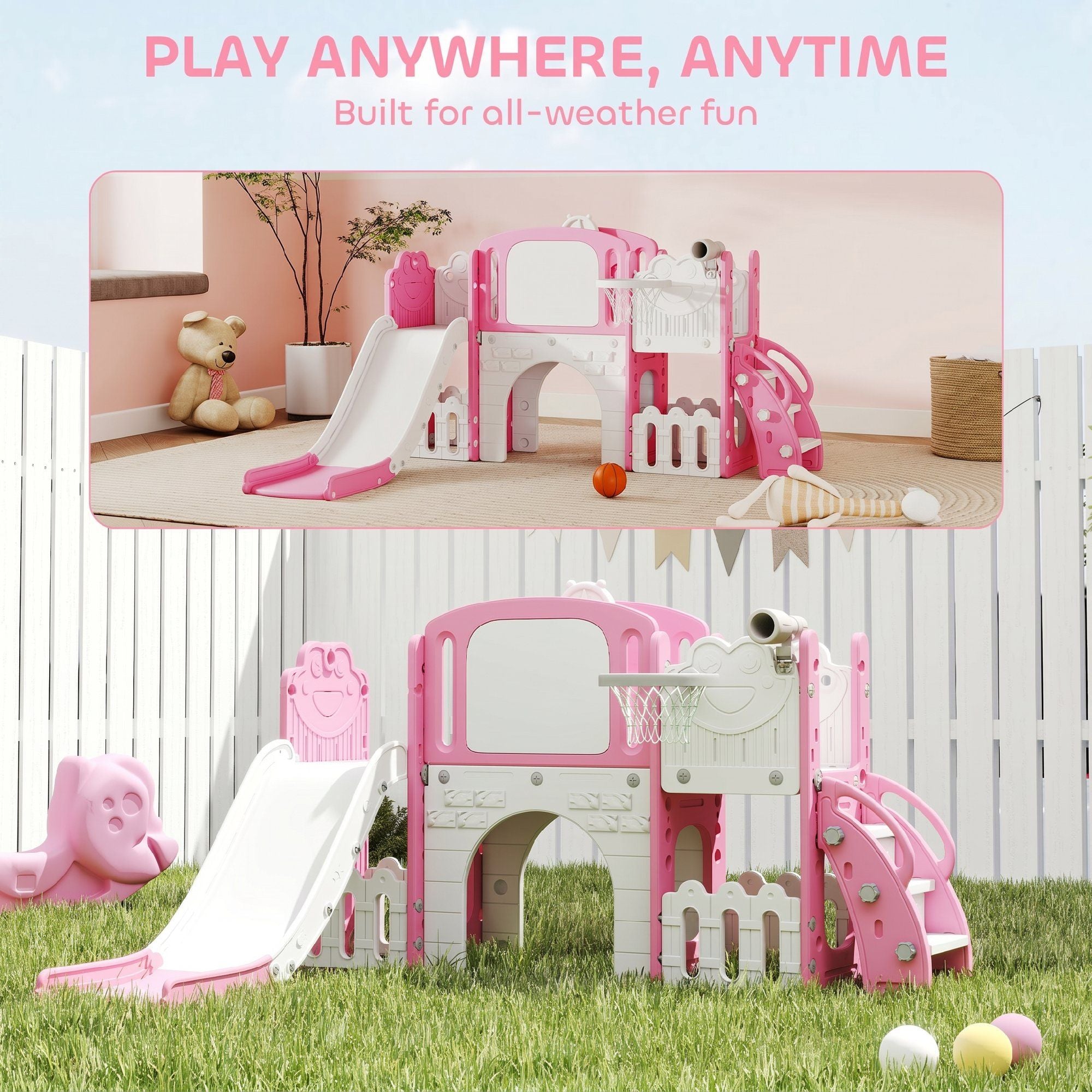 Qaba 7-in-1 Toddler Slide and Climber with Basketball Hoop, Pink - product view 8