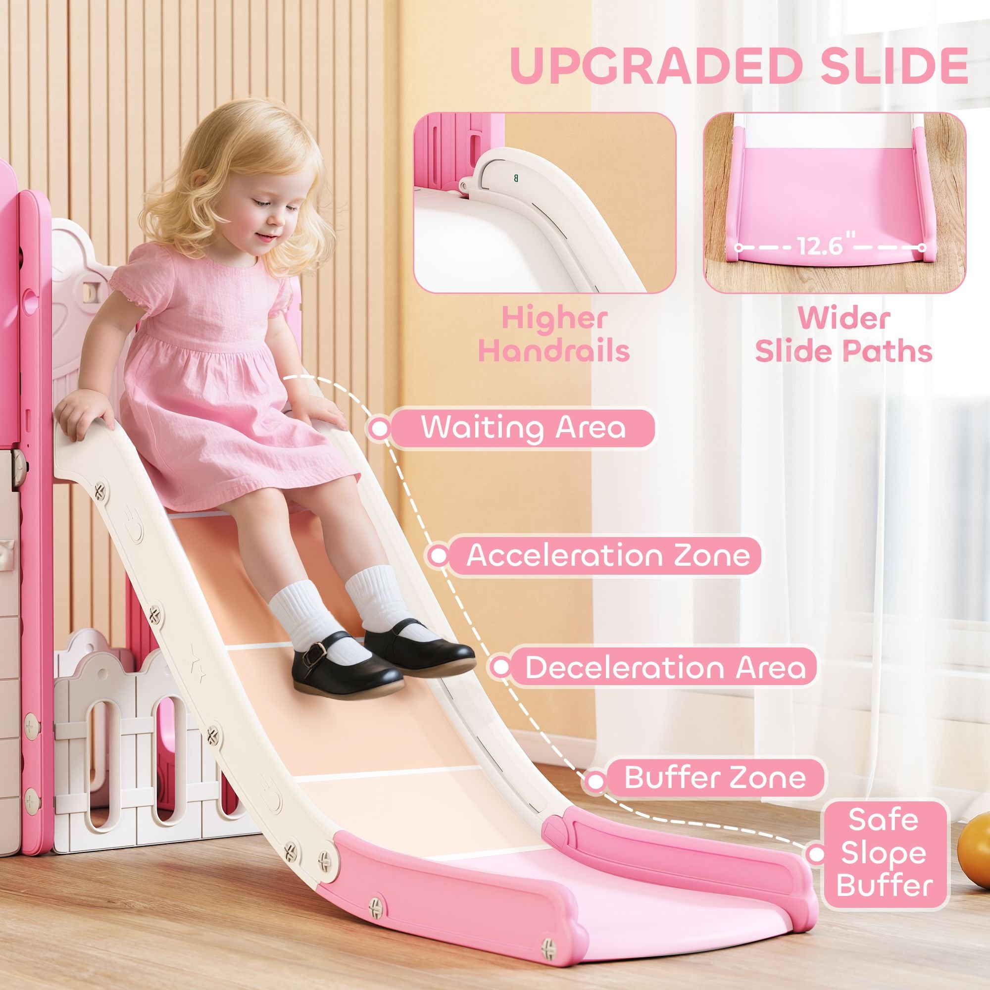 Qaba 7-in-1 Toddler Slide and Climber with Basketball Hoop, Pink - product view 5