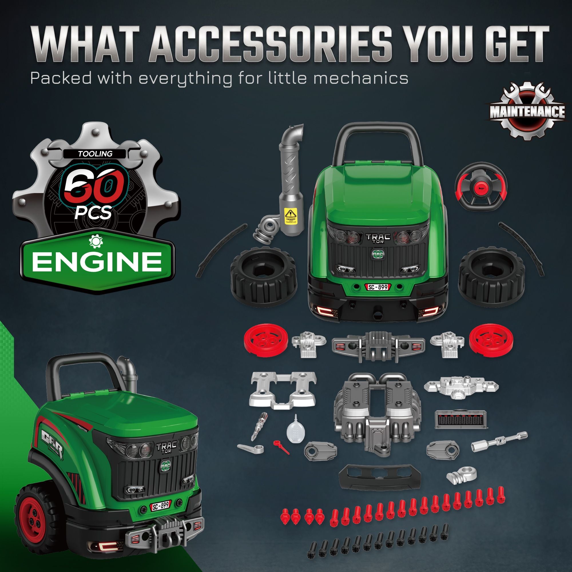 Qaba Truck Engine Mechanic Repair Toy with Lights and Sounds, Green - product view 6