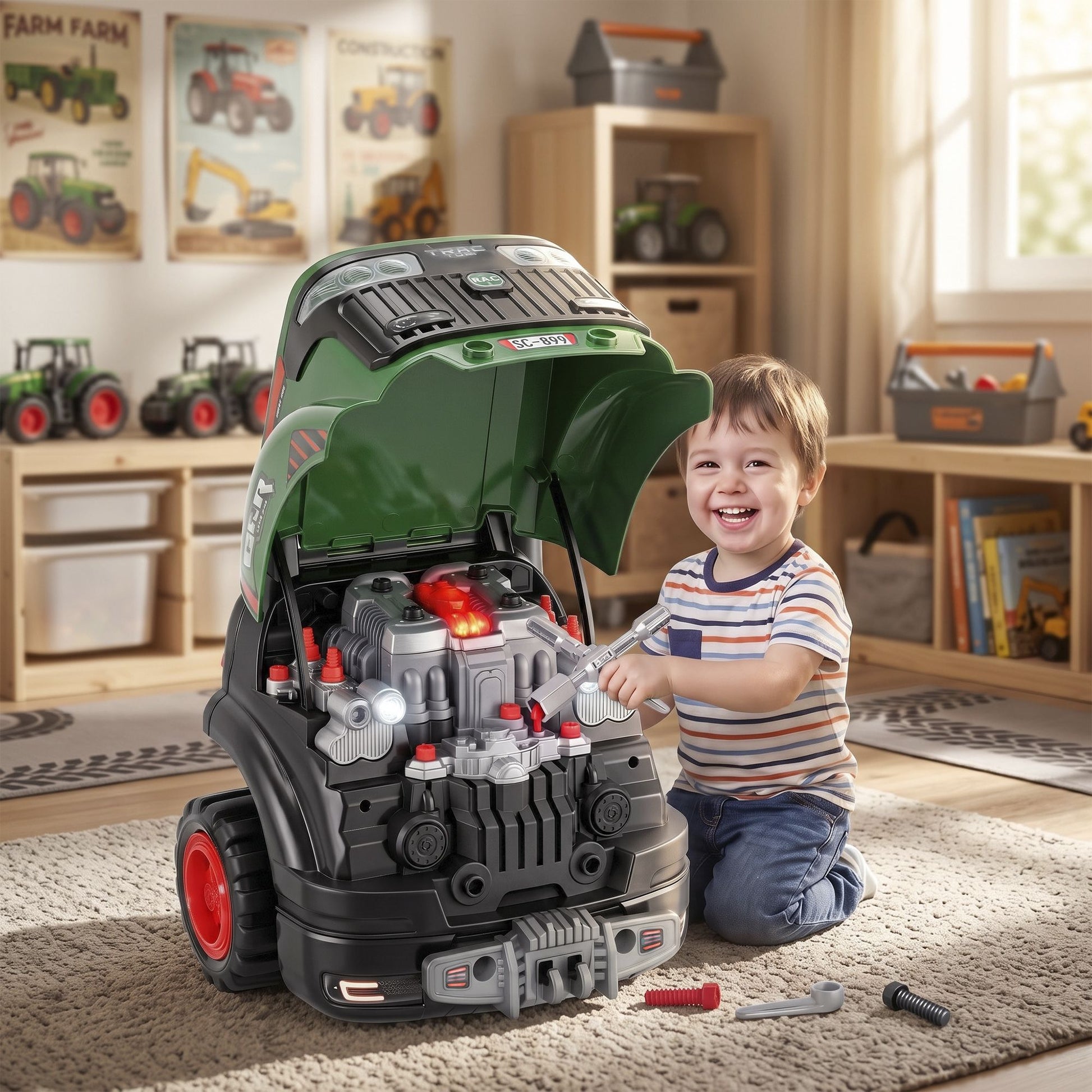Qaba Truck Engine Mechanic Repair Toy with Lights and Sounds, Green - product view 2