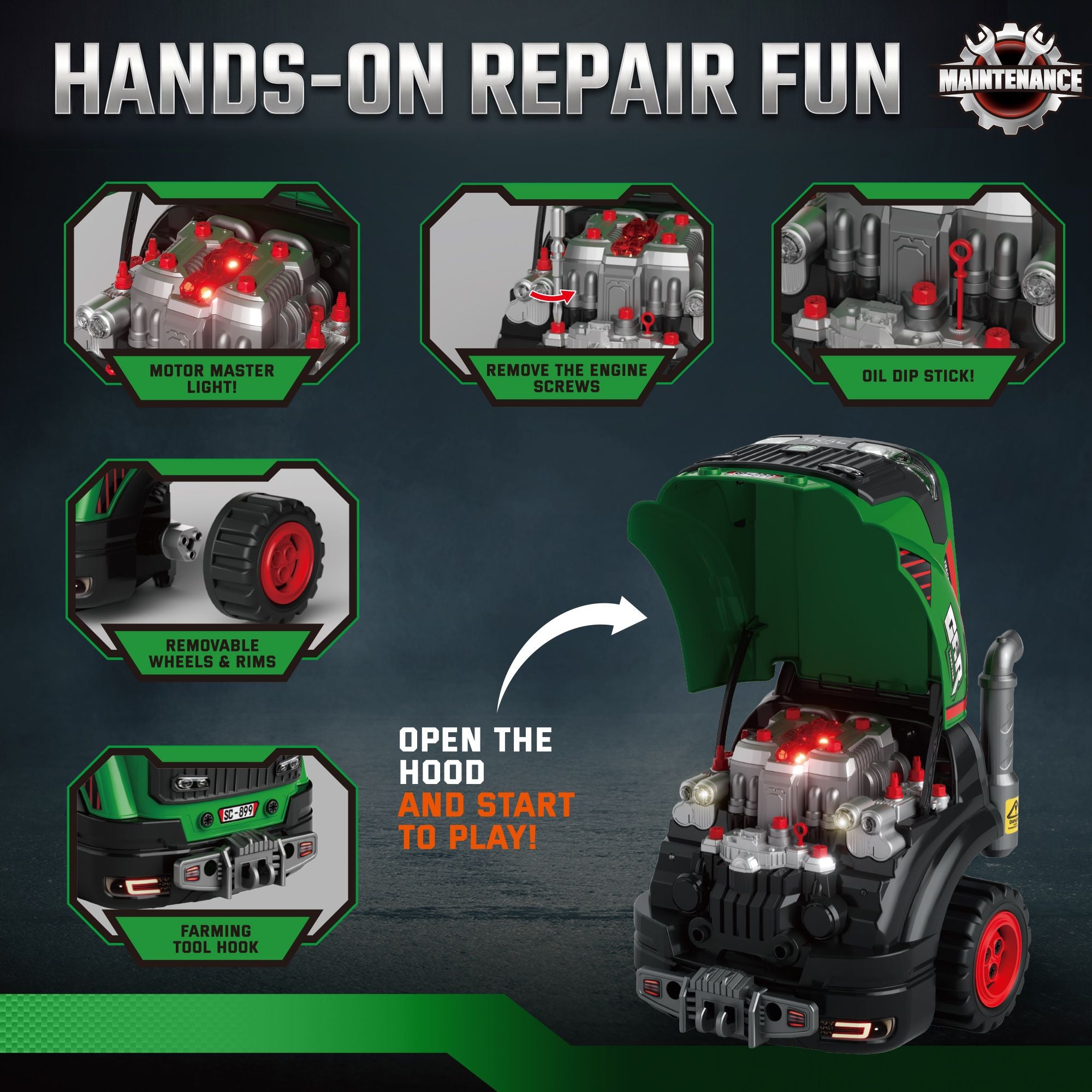 Qaba Truck Engine Mechanic Repair Toy with Lights and Sounds, Green - product view 4