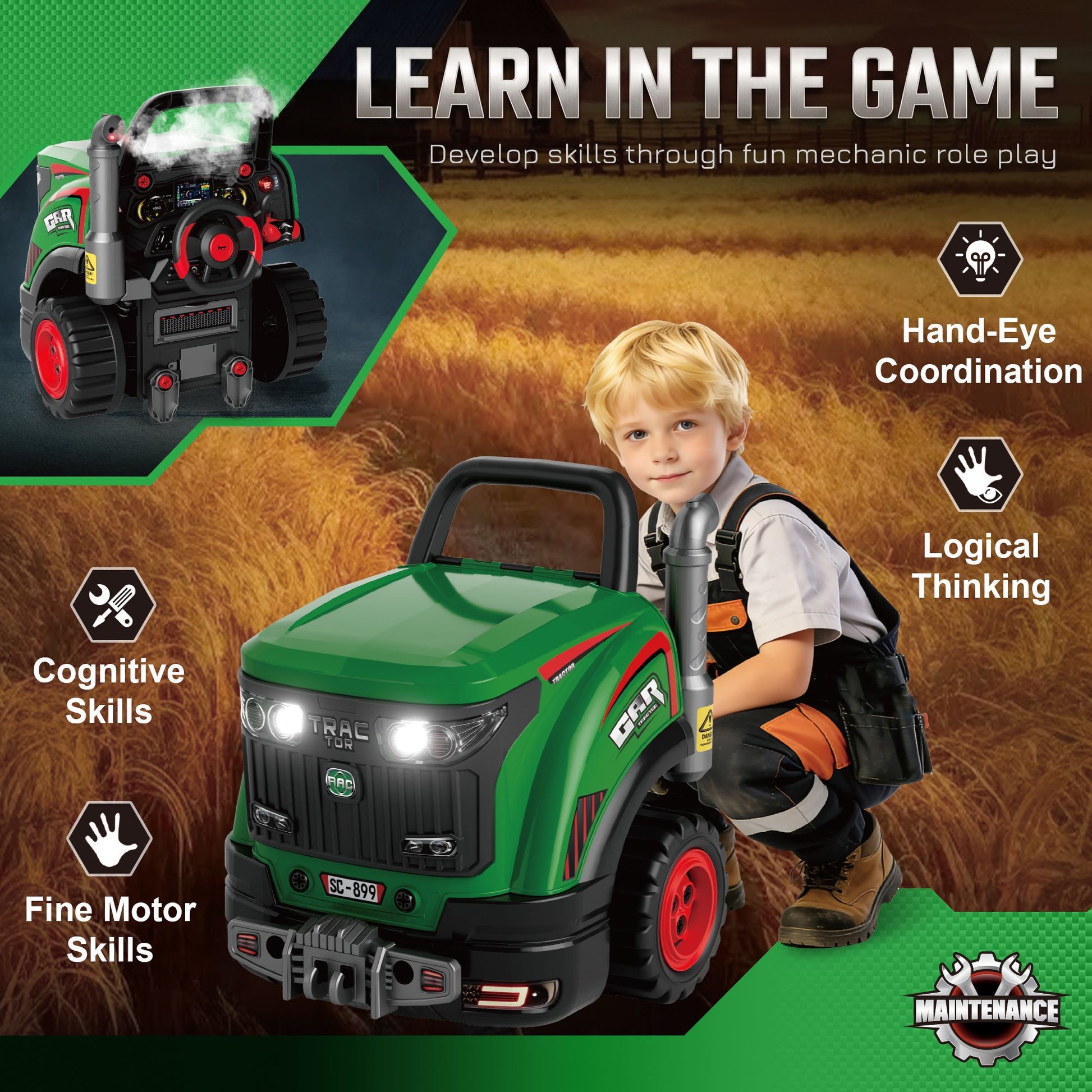 Qaba Truck Engine Mechanic Repair Toy with Lights and Sounds, Green - product view 7
