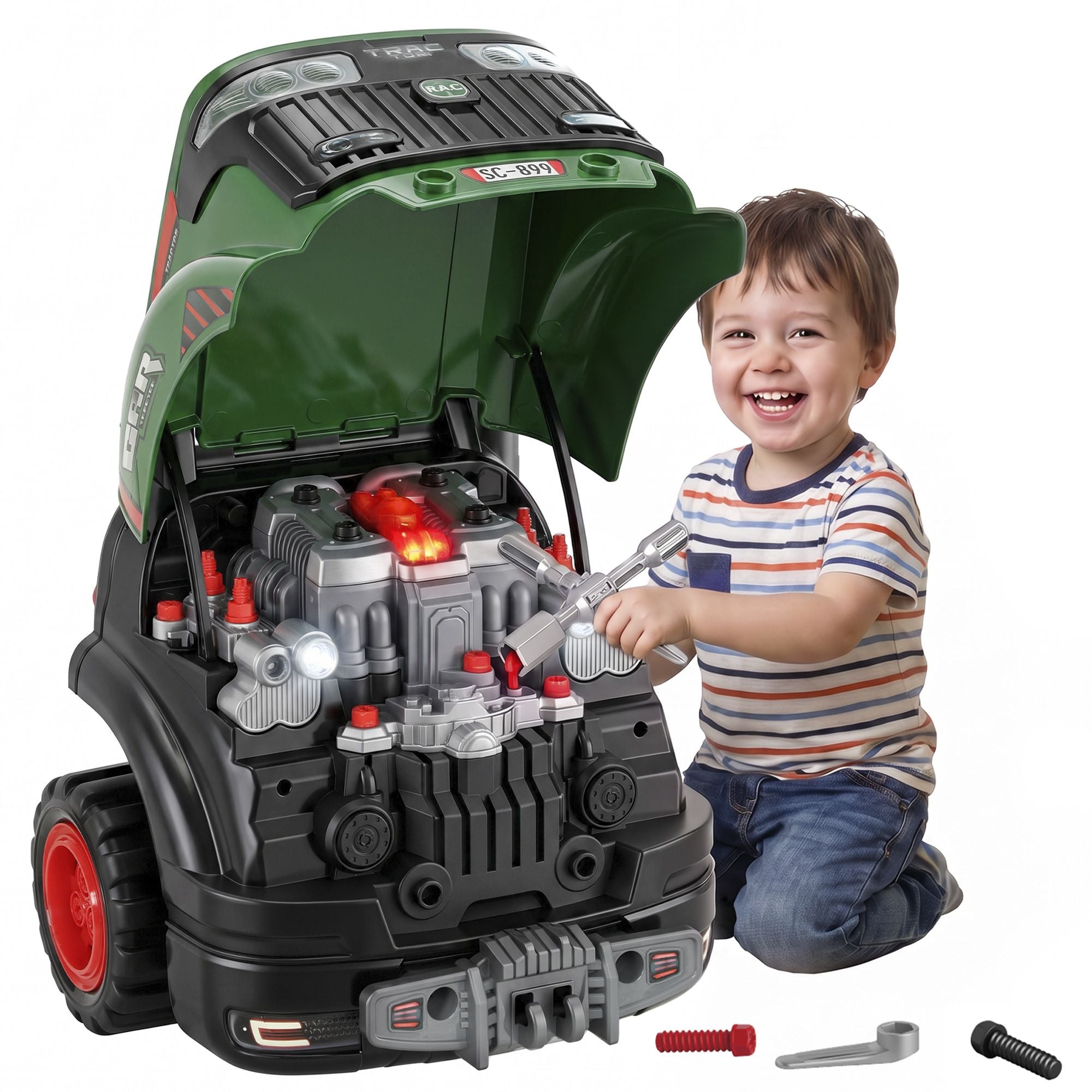 Qaba Truck Engine Mechanic Repair Toy with Lights and Sounds, Green - product view 1
