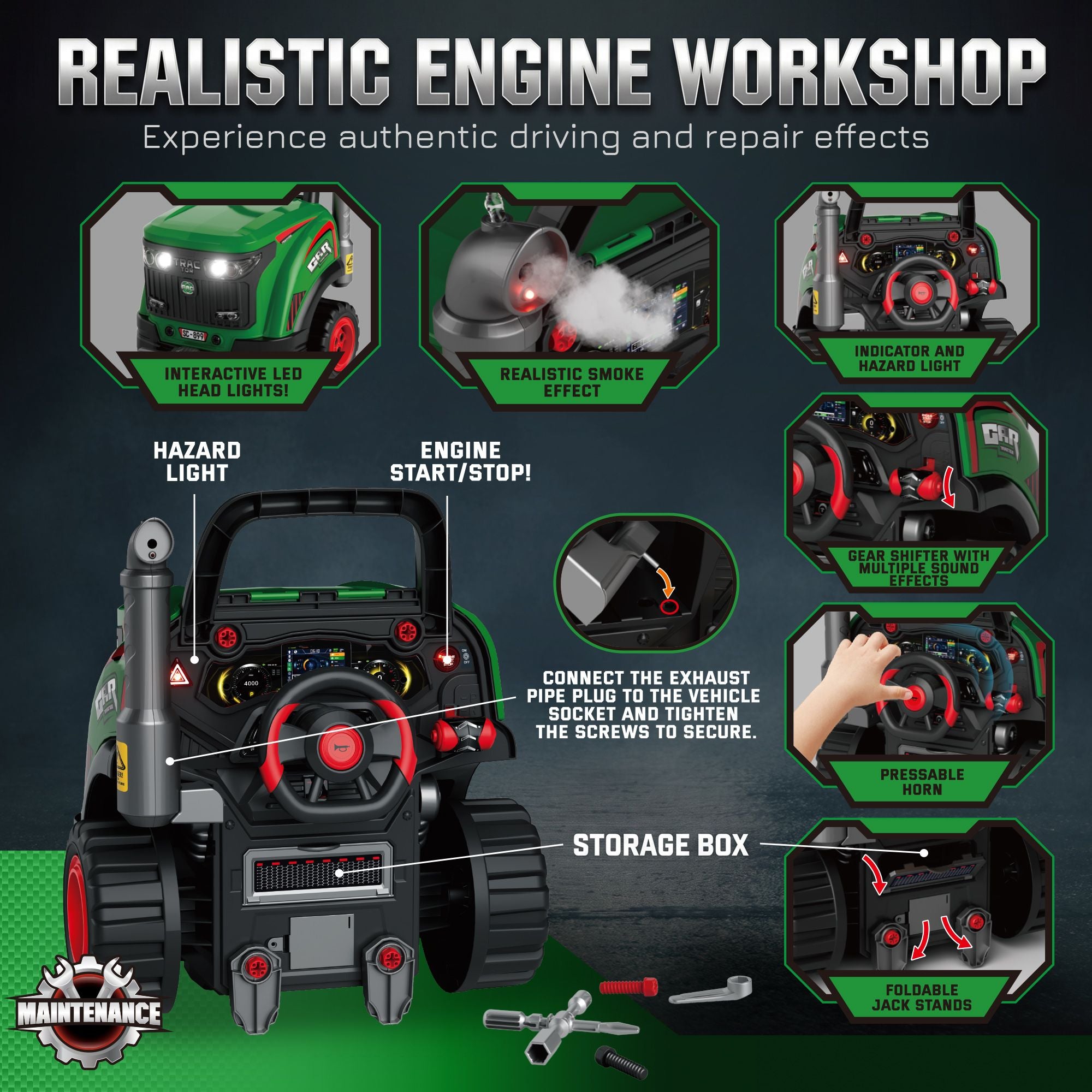 Qaba Truck Engine Mechanic Repair Toy with Lights and Sounds, Green - product view 5