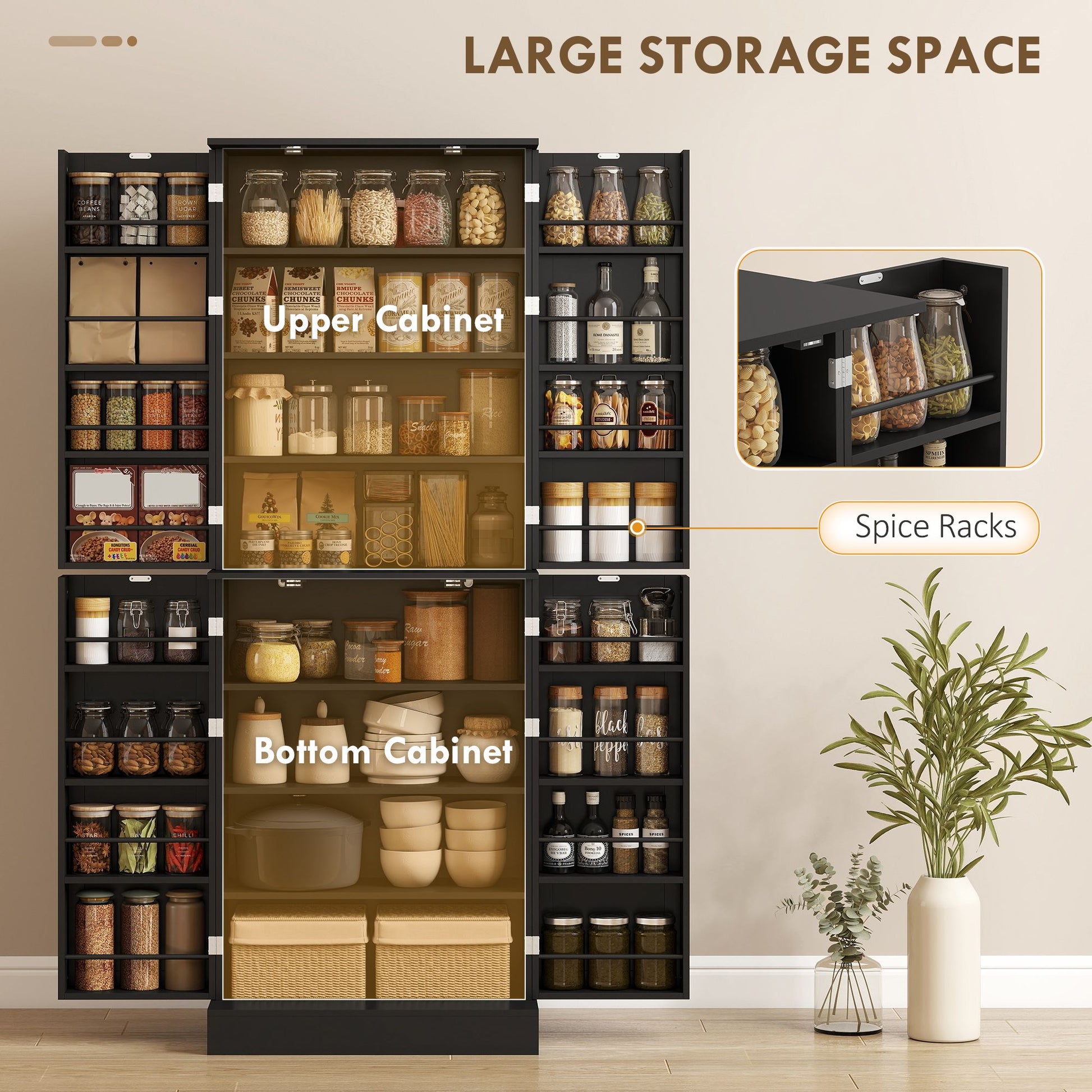 HOMCOM 65 in Kitchen Pantry Cabinet with 4 Doors, Black - product view 4