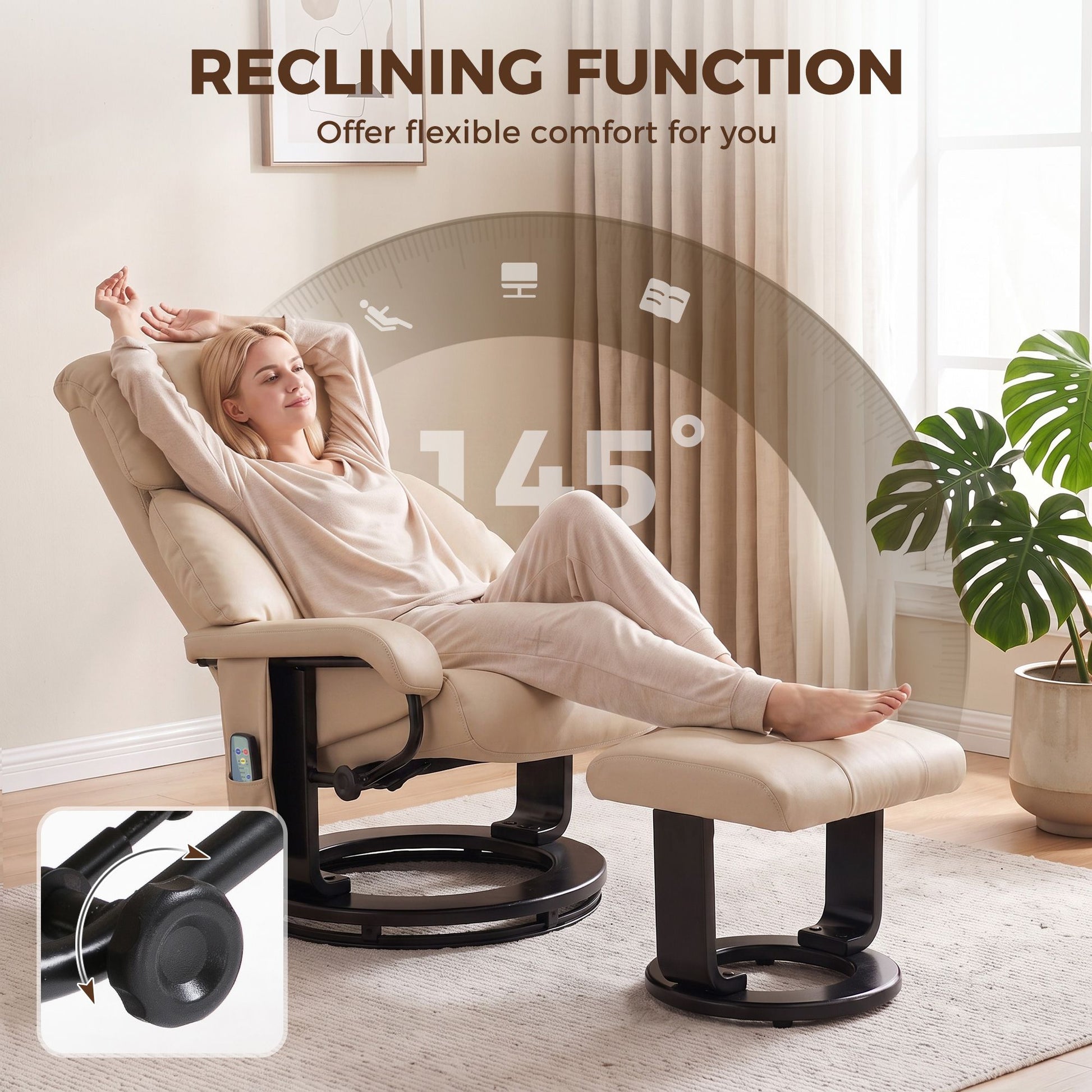 HOMCOM Massage Recliner Chair with Ottoman and 10-Point Vibration, Beige - product view 5