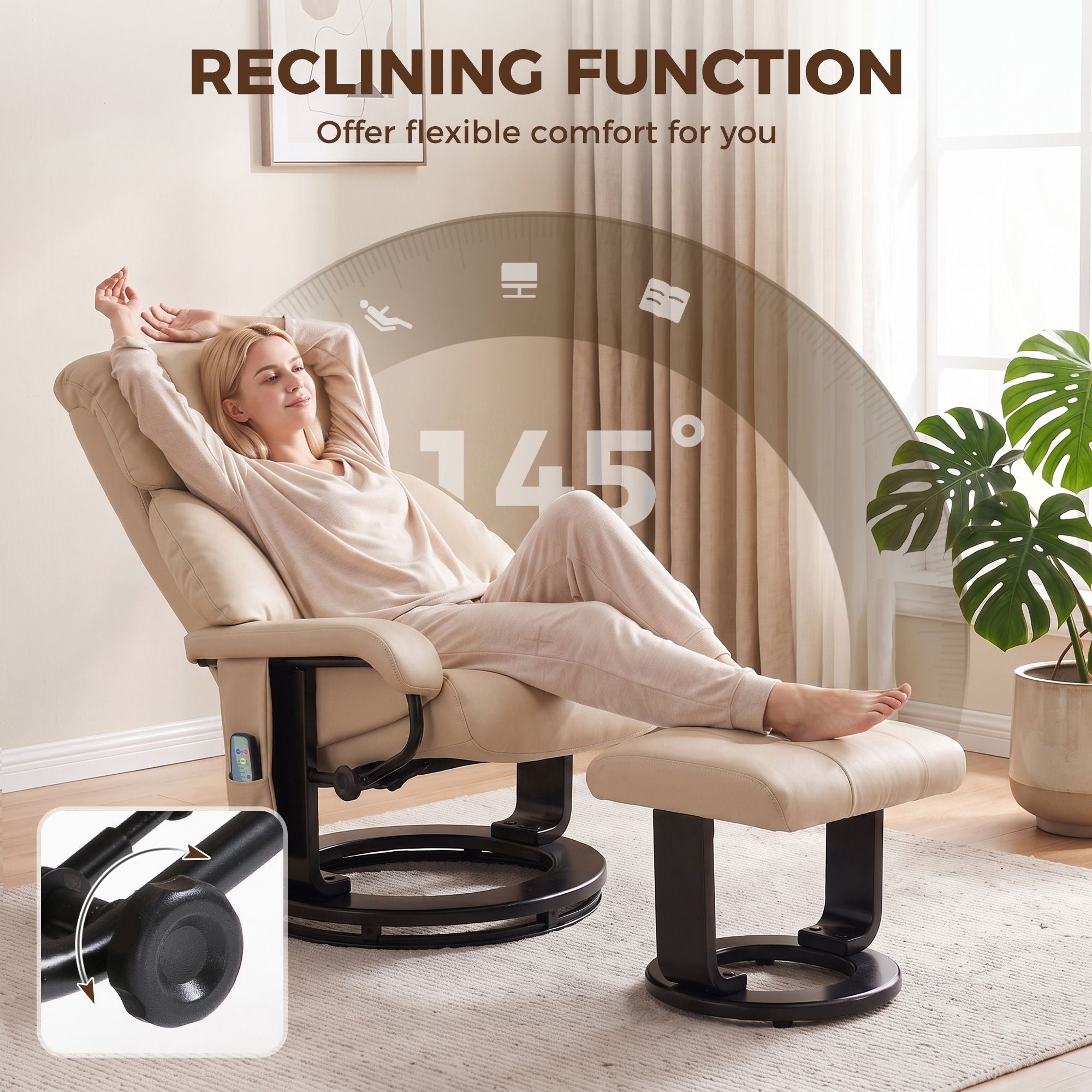 HOMCOM Massage Recliner Chair with Ottoman and 10-Point Vibration, Beige - product view 5