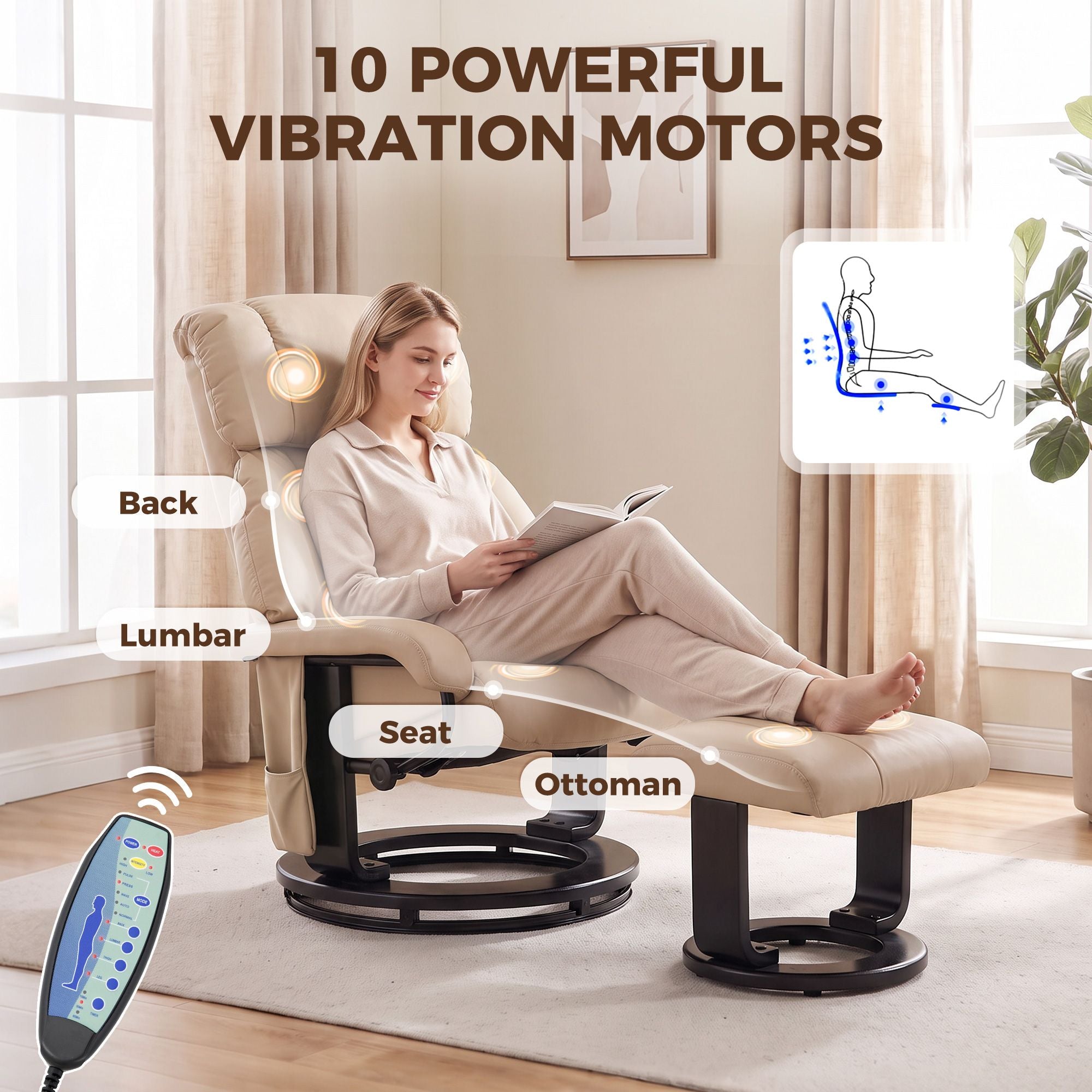 HOMCOM Massage Recliner Chair with Ottoman and 10-Point Vibration, Beige - product view 4