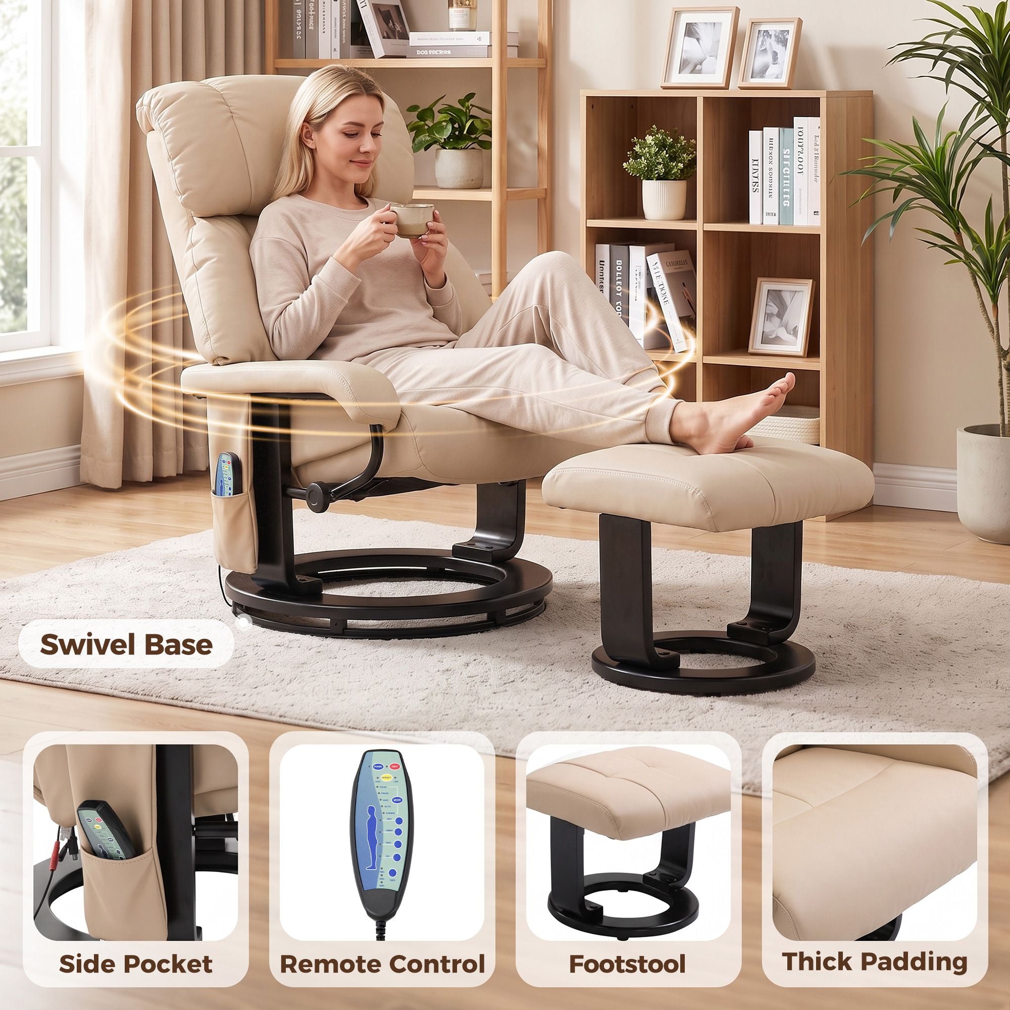 HOMCOM Massage Recliner Chair with Ottoman and 10-Point Vibration, Beige - product view 6