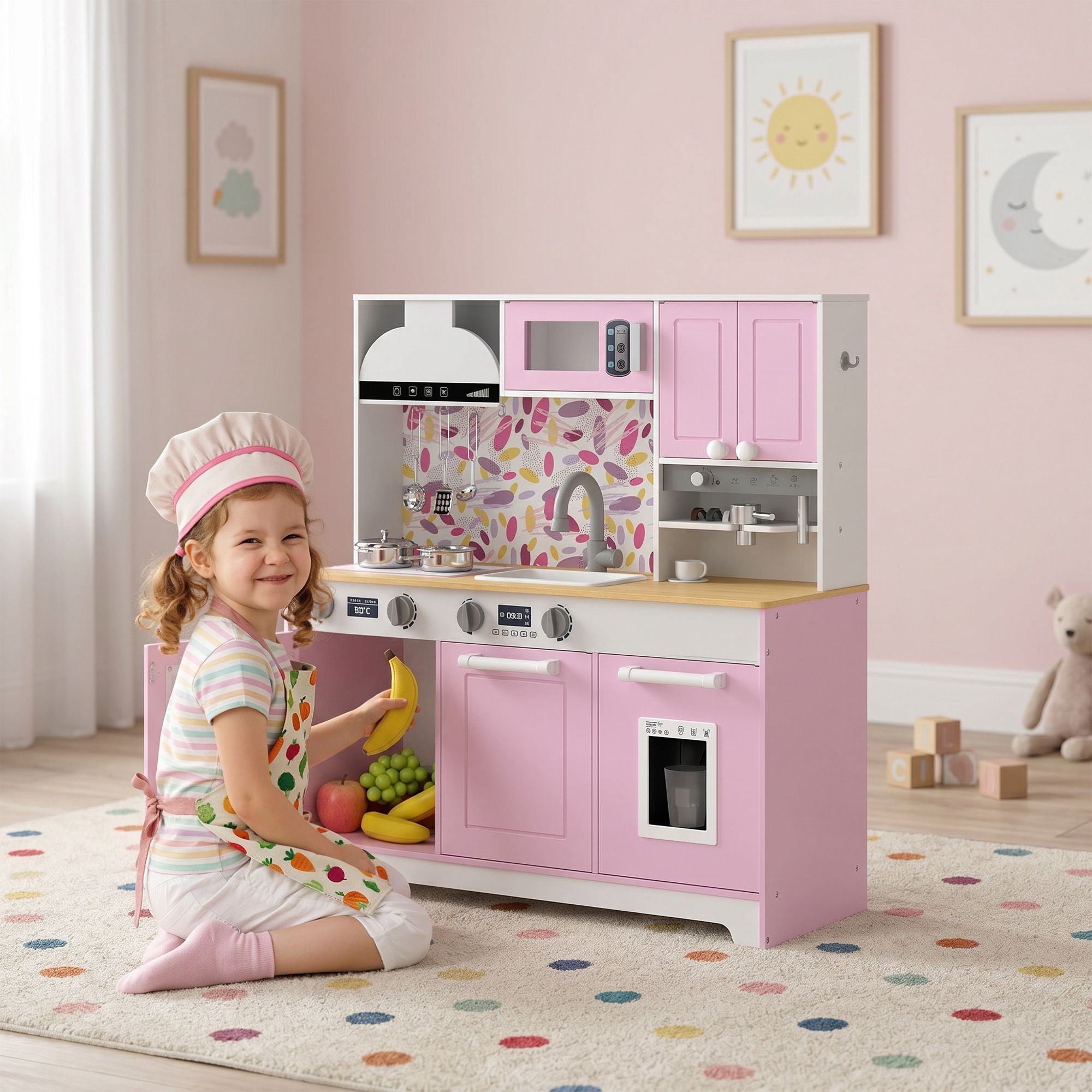 Qaba Kids Play Kitchen with Coffee Maker, Ice Maker and Storage, Pink - product view 2