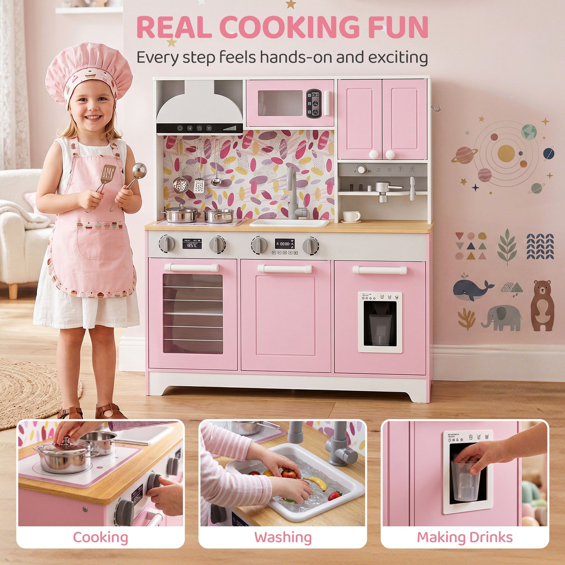 Qaba Kids Play Kitchen with Coffee Maker, Ice Maker and Storage, Pink - product view 4