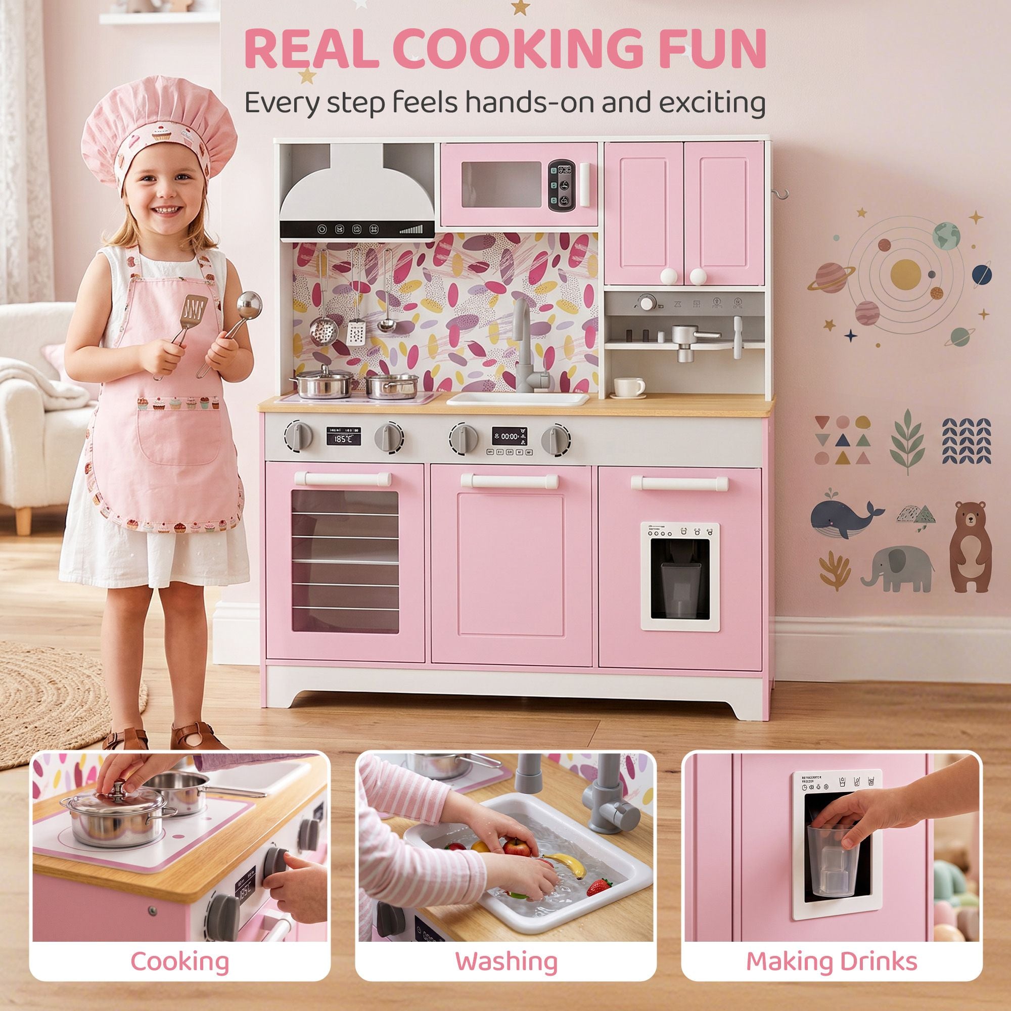 Qaba Kids Play Kitchen with Coffee Maker, Ice Maker and Storage, Pink - product view 4