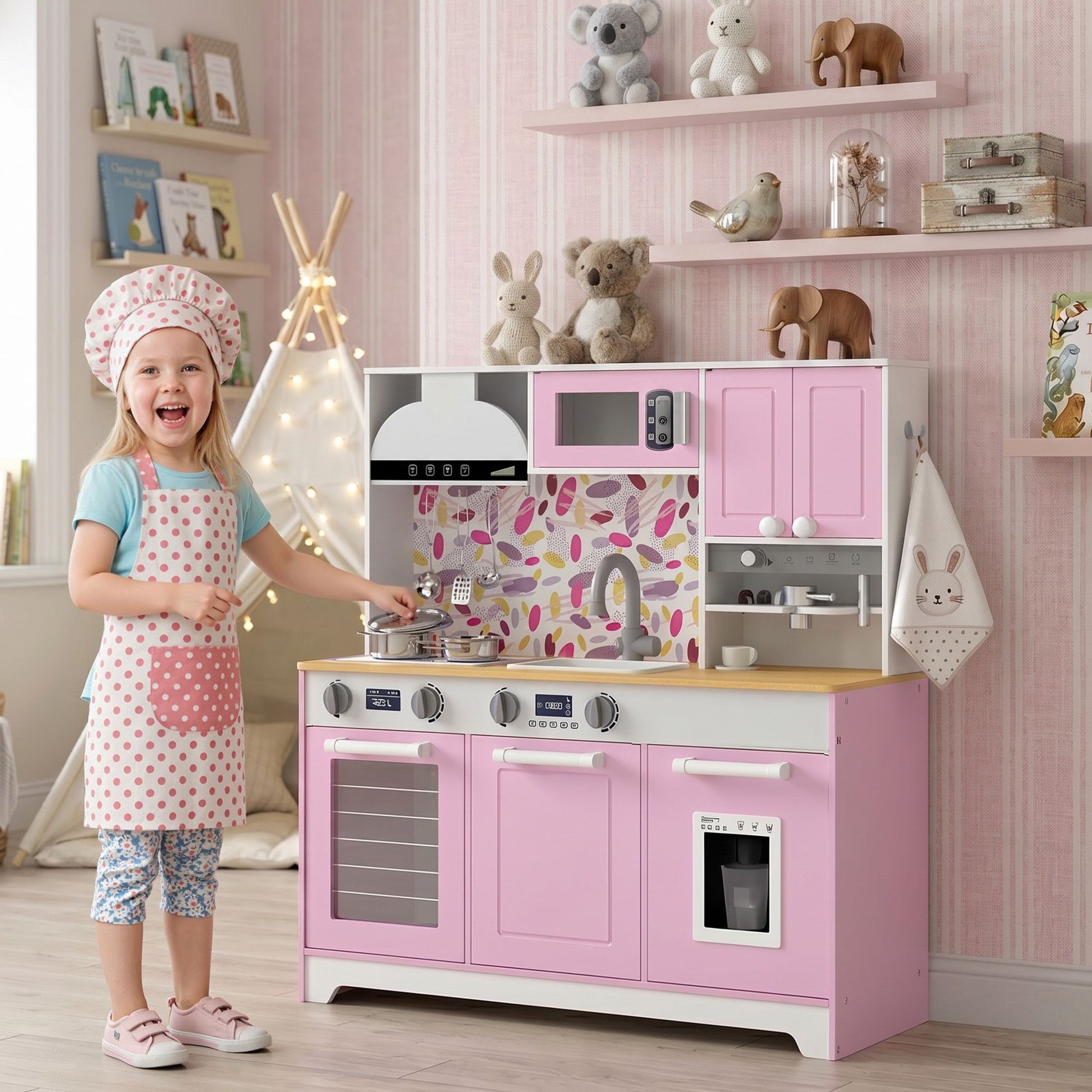 Qaba Kids Play Kitchen with Coffee Maker, Ice Maker and Storage, Pink - product view 8