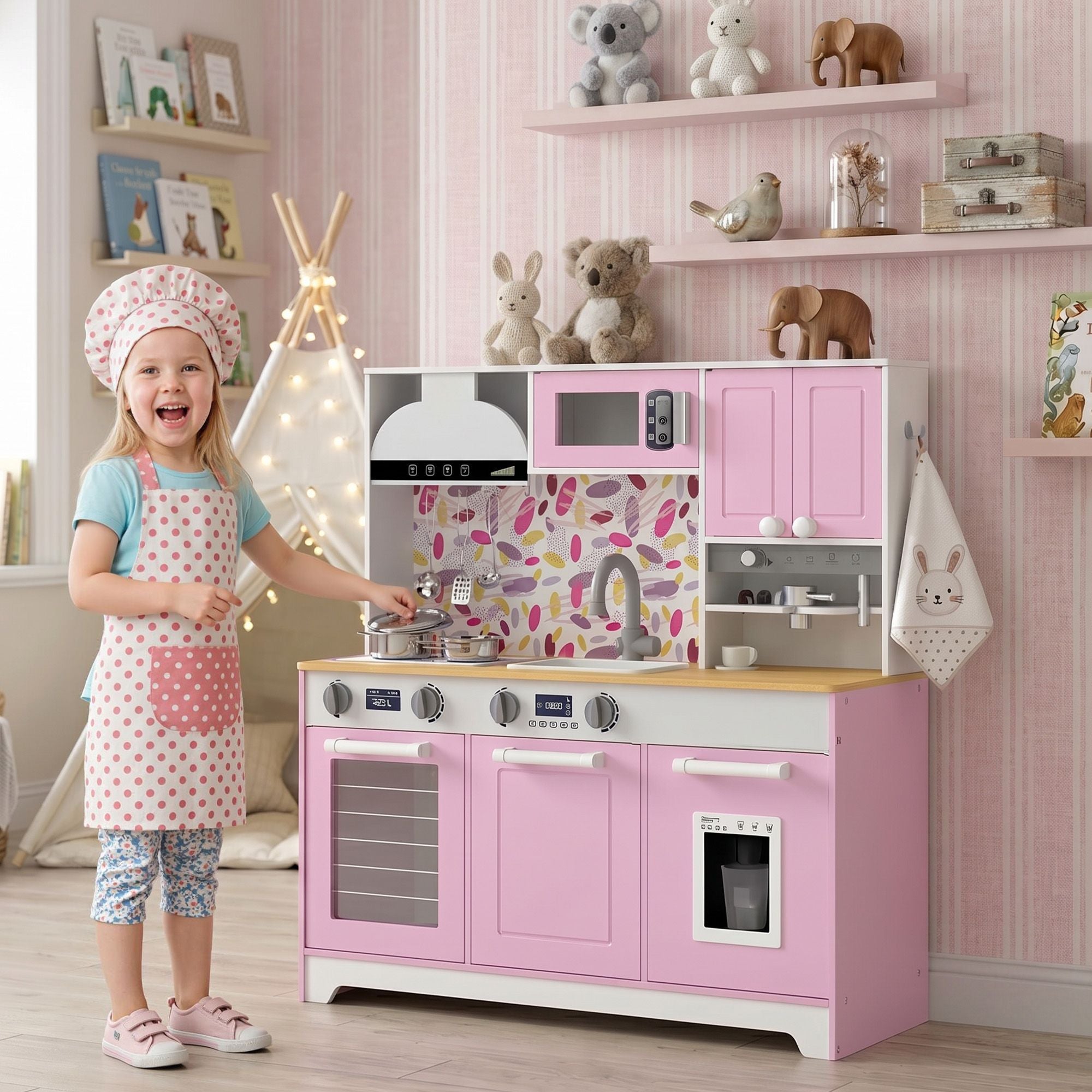 Qaba Kids Play Kitchen with Coffee Maker, Ice Maker and Storage, Pink - product view 8