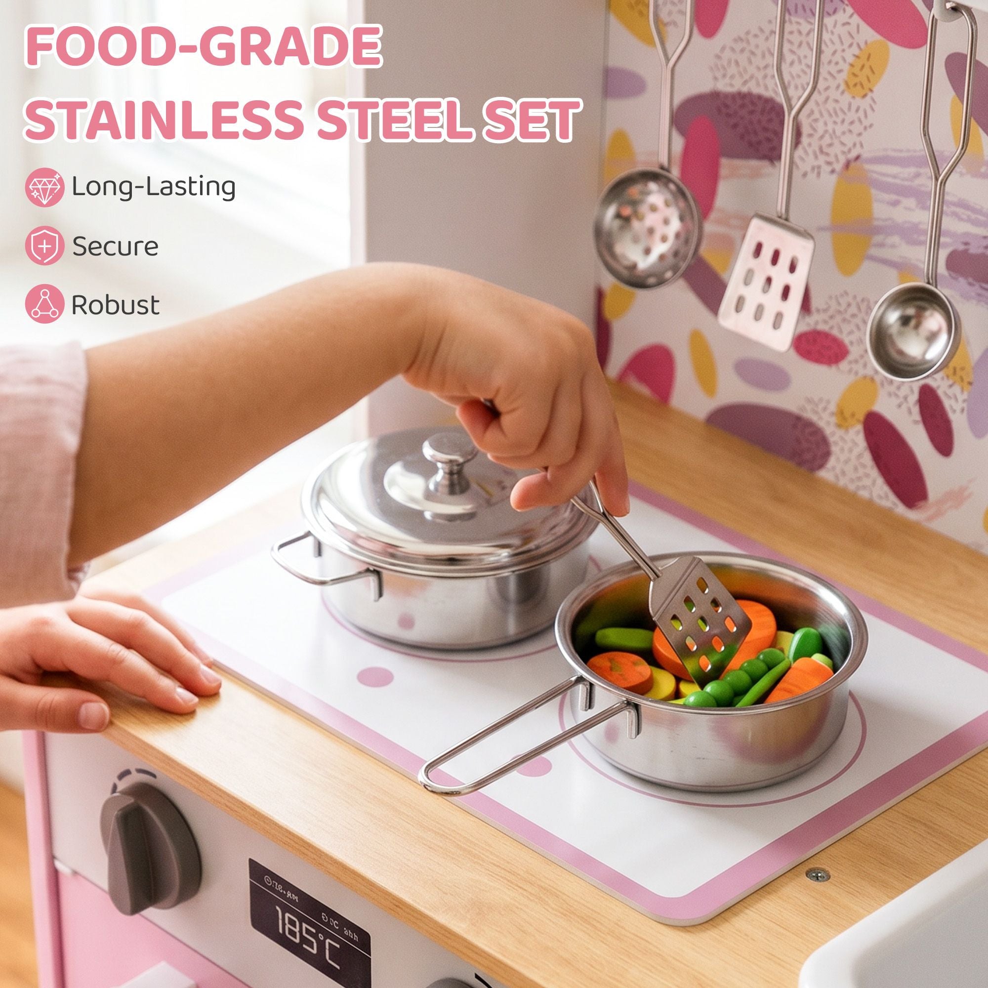 Qaba Kids Play Kitchen with Coffee Maker, Ice Maker and Storage, Pink - product view 5