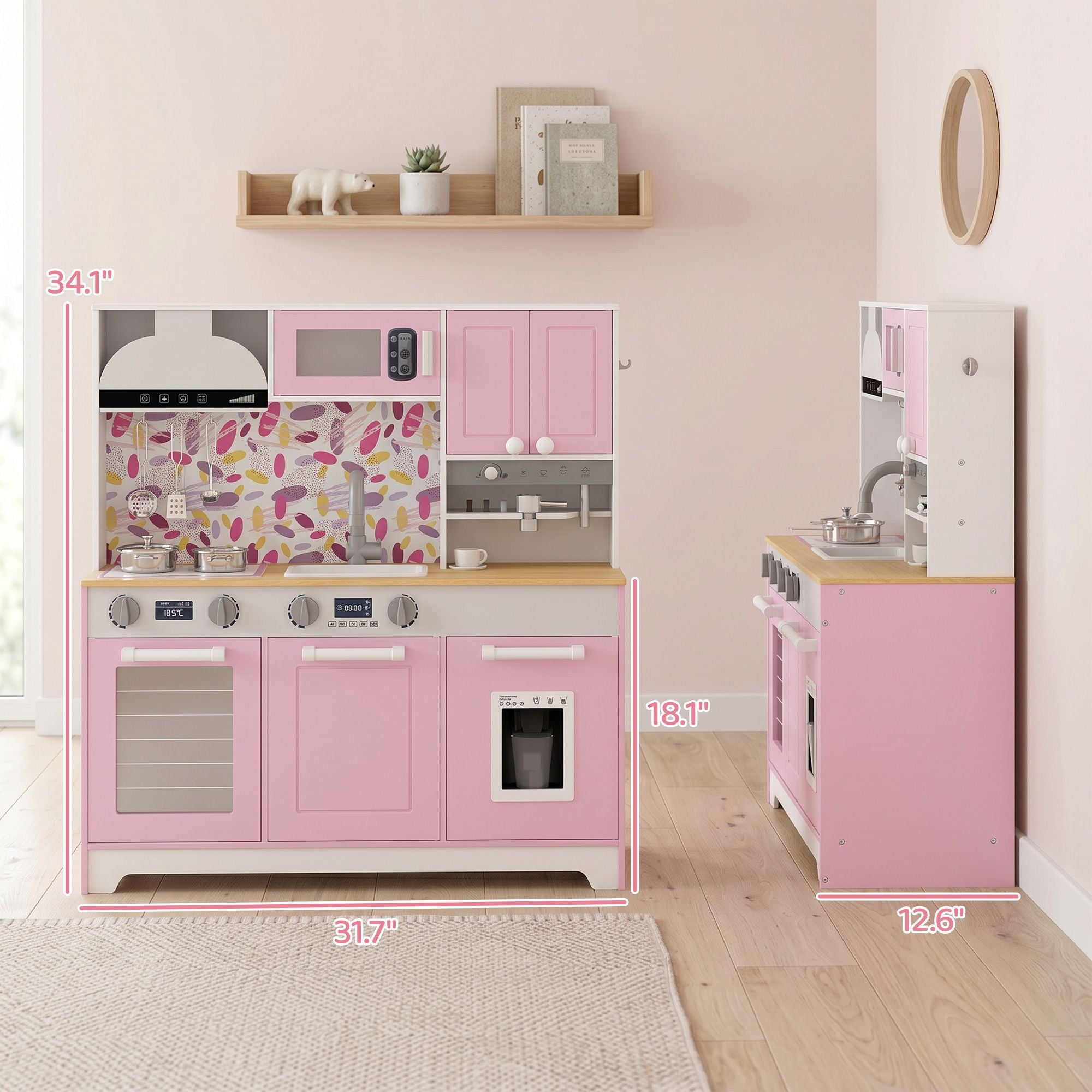 Qaba Kids Play Kitchen with Coffee Maker, Ice Maker and Storage, Pink - product view 3