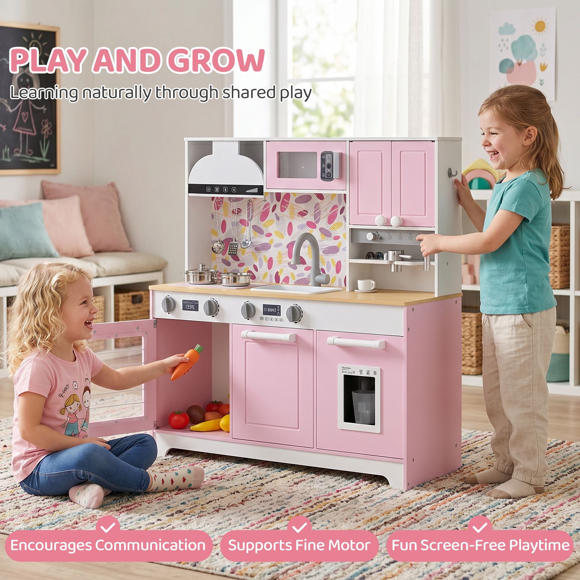 Qaba Kids Play Kitchen with Coffee Maker, Ice Maker and Storage, Pink - product view 7