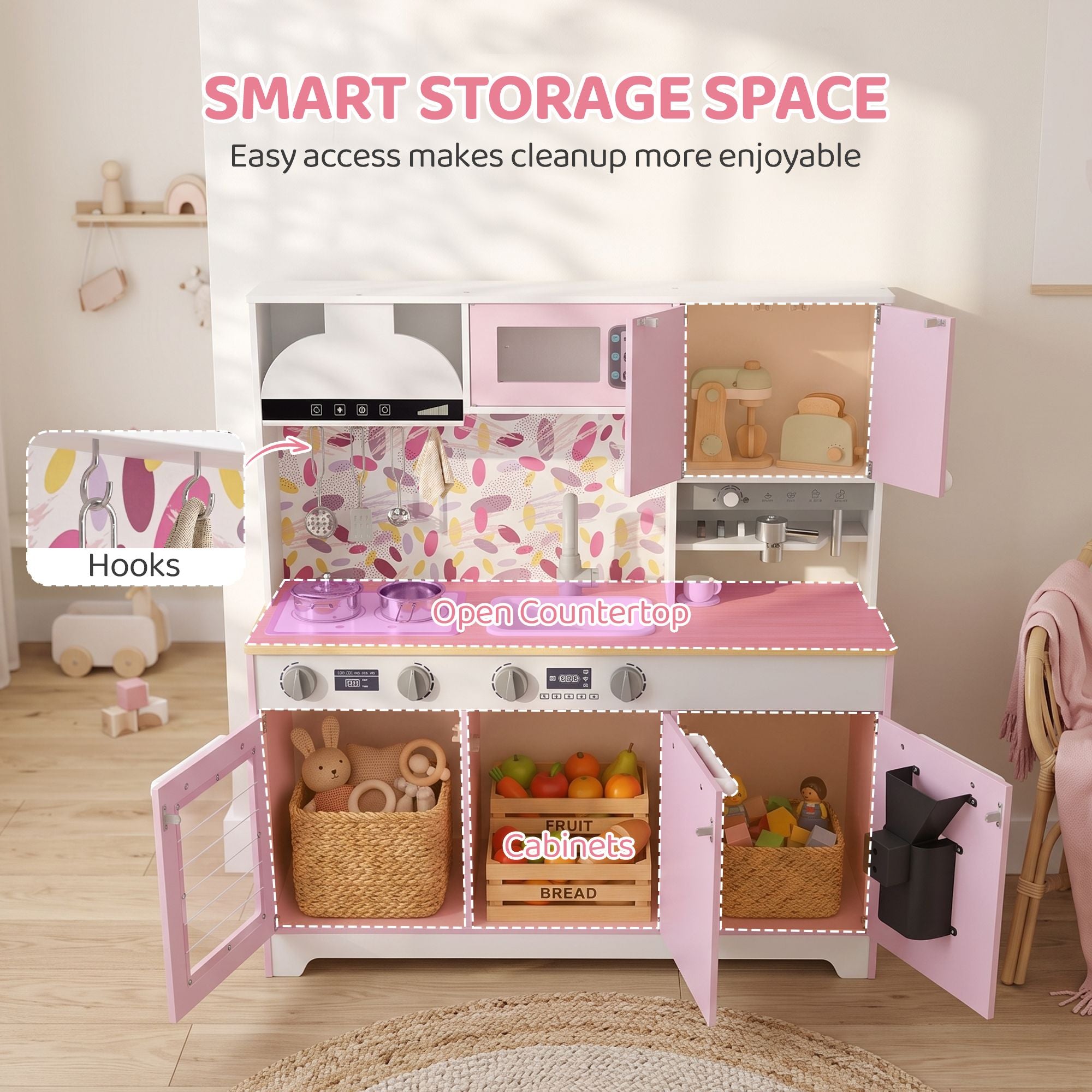 Qaba Kids Play Kitchen with Coffee Maker, Ice Maker and Storage, Pink - product view 6