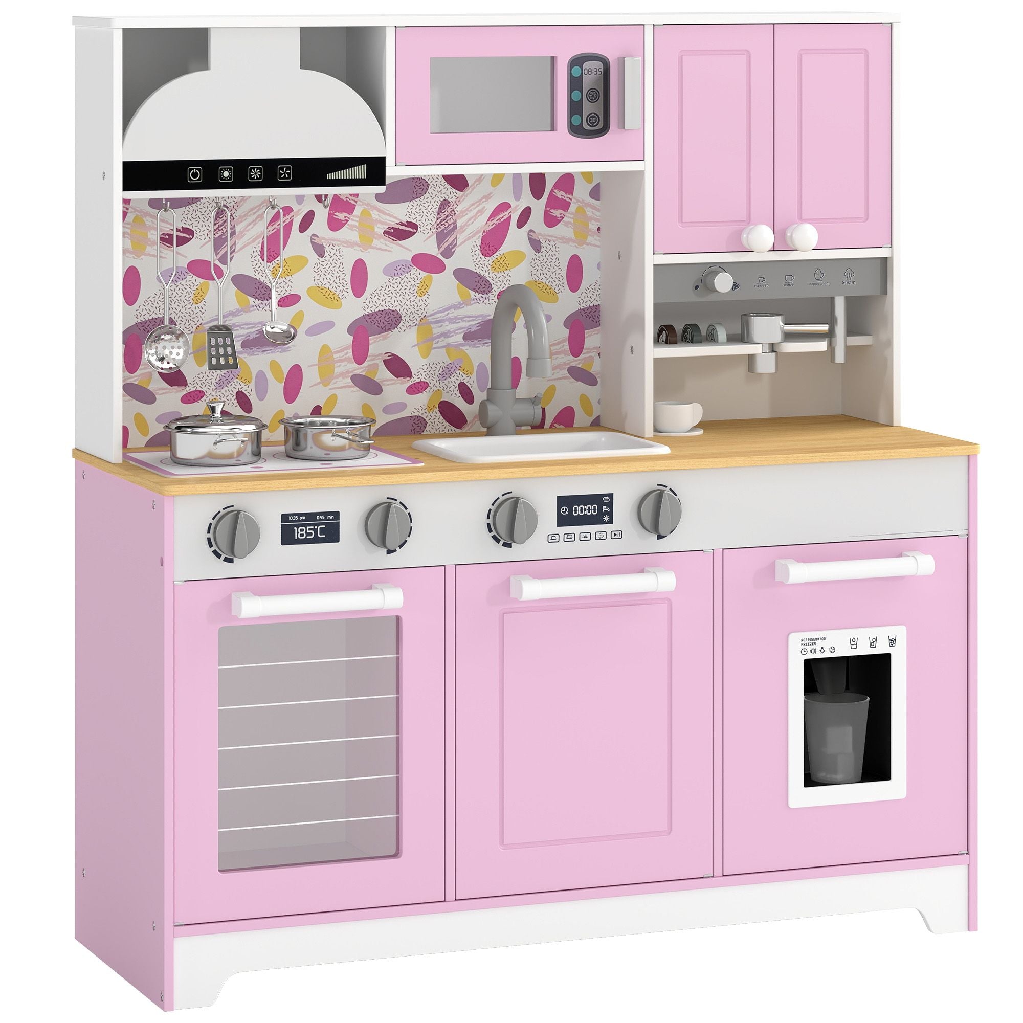 Qaba Kids Play Kitchen with Coffee Maker, Ice Maker and Storage, Pink - product view 1