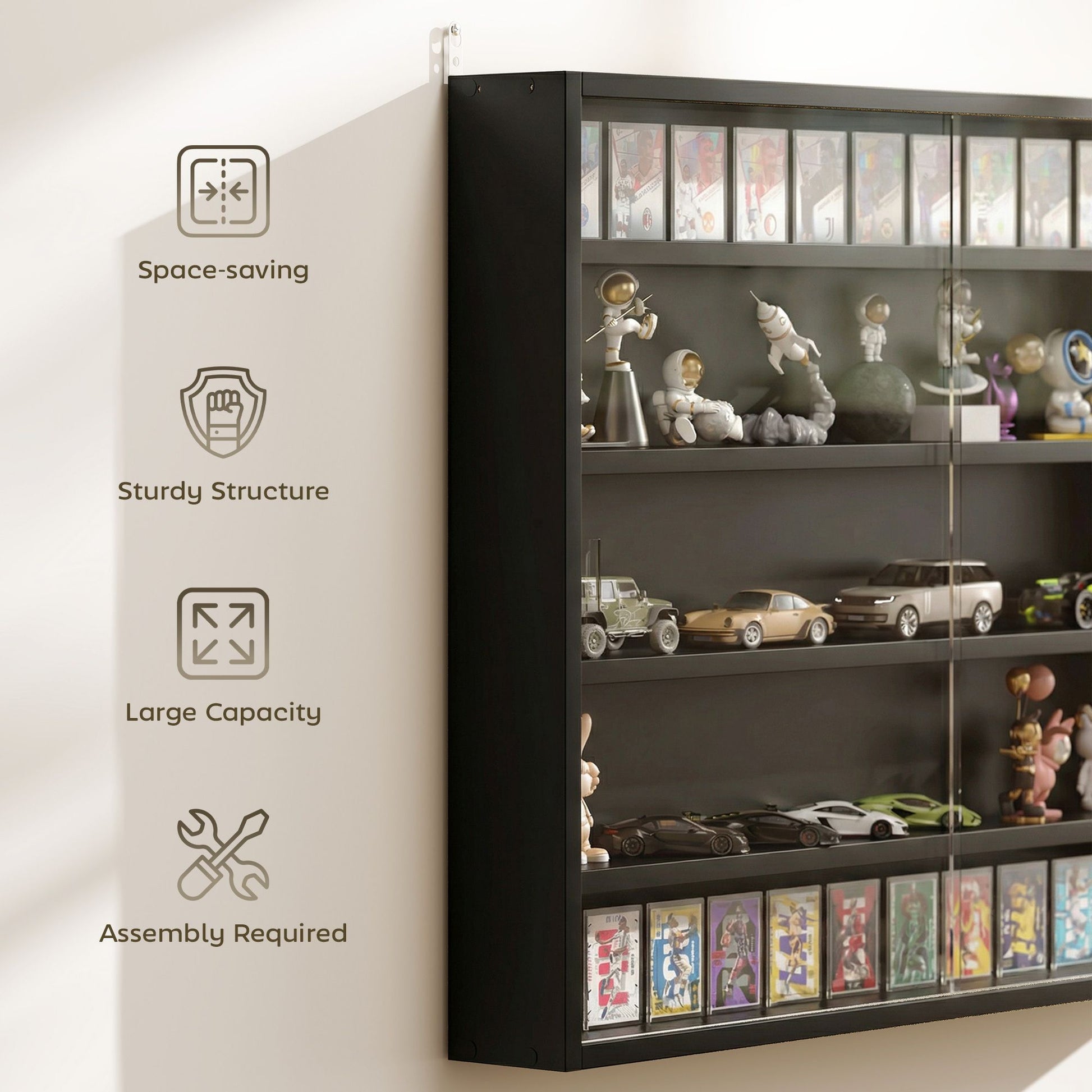 HOMCOM 5-Tier Wall-Mounted Display Cabinet with Glass Doors, Jet Black - product view 6