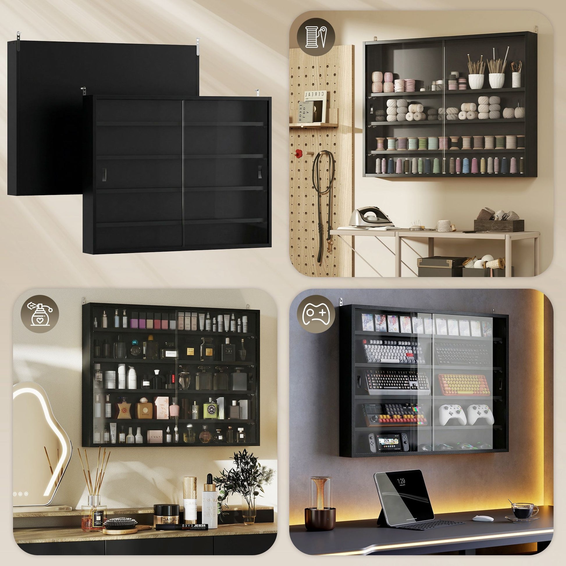 HOMCOM 5-Tier Wall-Mounted Display Cabinet with Glass Doors, Jet Black - product view 7