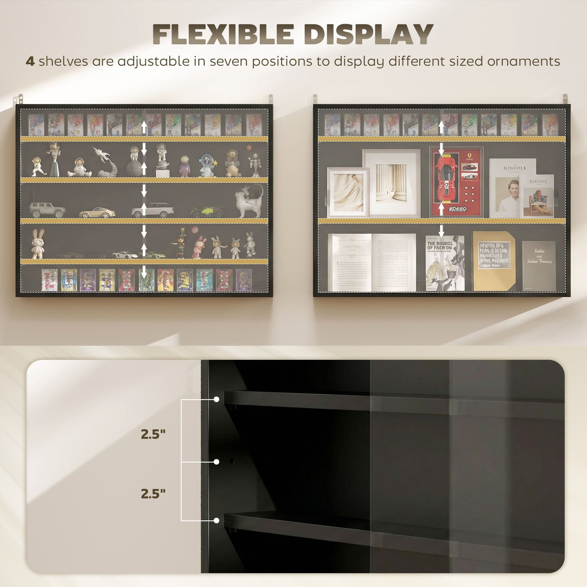 HOMCOM 5-Tier Wall-Mounted Display Cabinet with Glass Doors, Jet Black - product view 4
