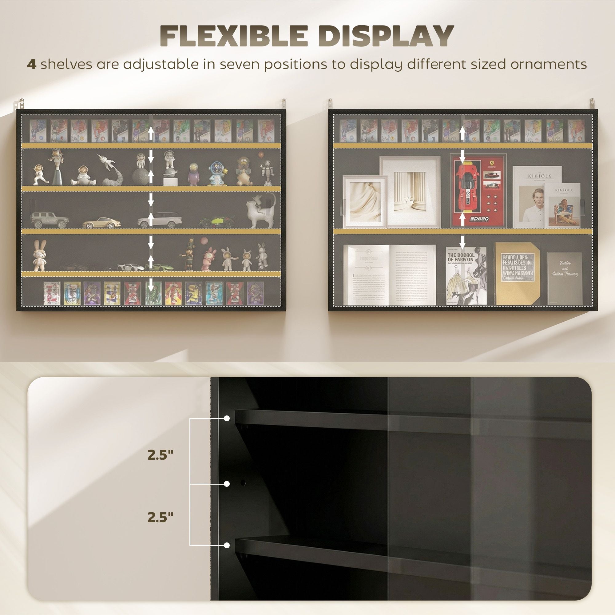 HOMCOM 5-Tier Wall-Mounted Display Cabinet with Glass Doors, Jet Black - product view 4