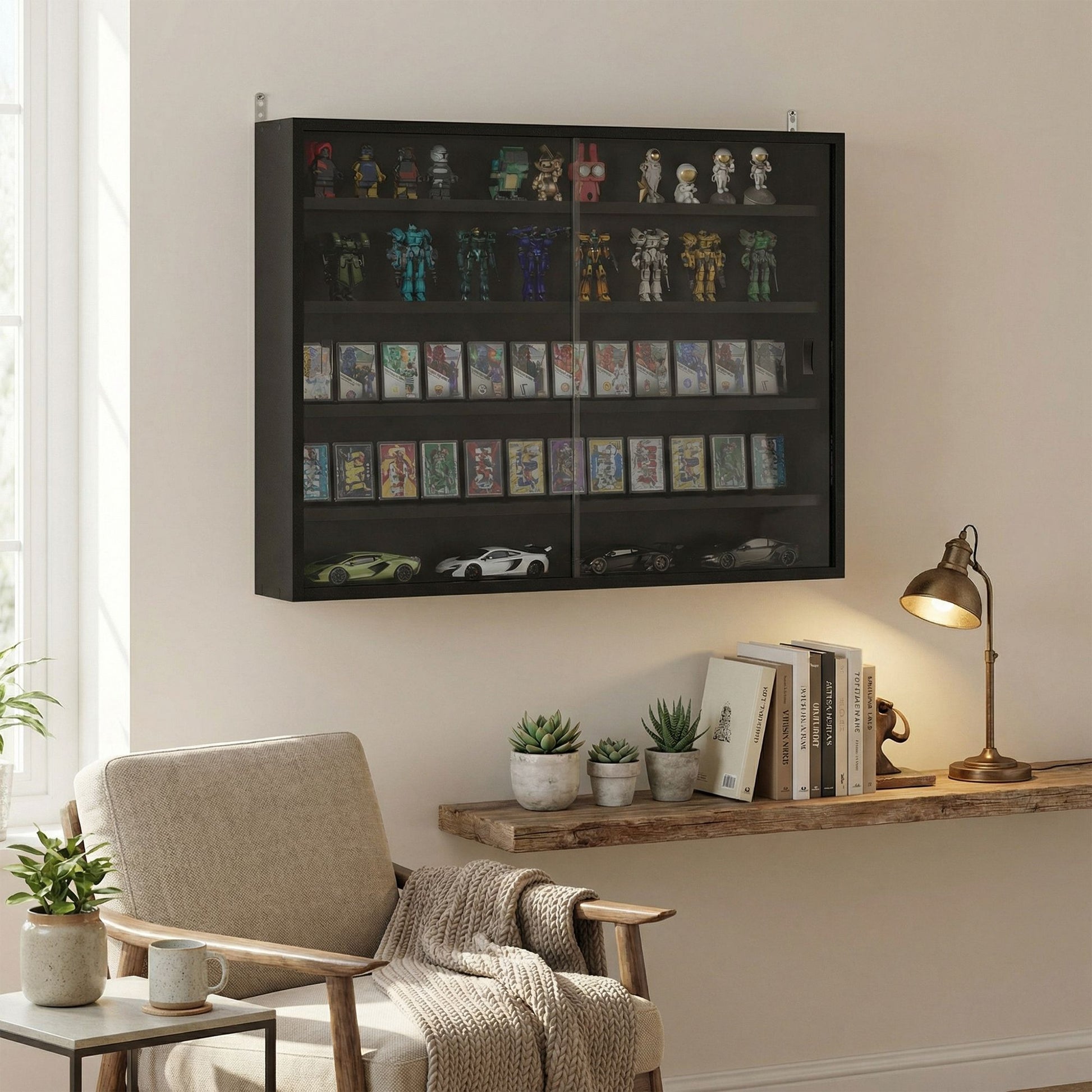 HOMCOM 5-Tier Wall-Mounted Display Cabinet with Glass Doors, Jet Black - product view 8
