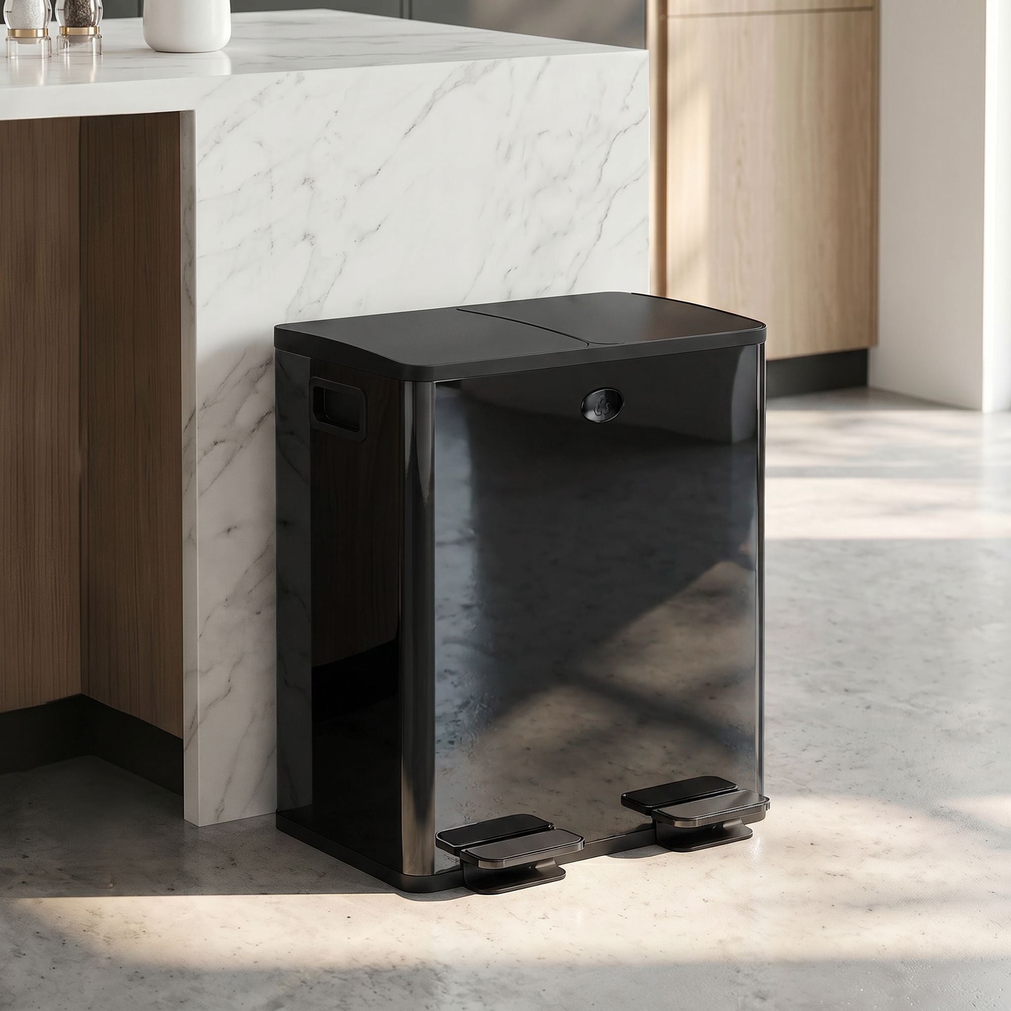 HOMCOM 2-Compartment Stainless Steel Step Trash Can, Black - product view 2