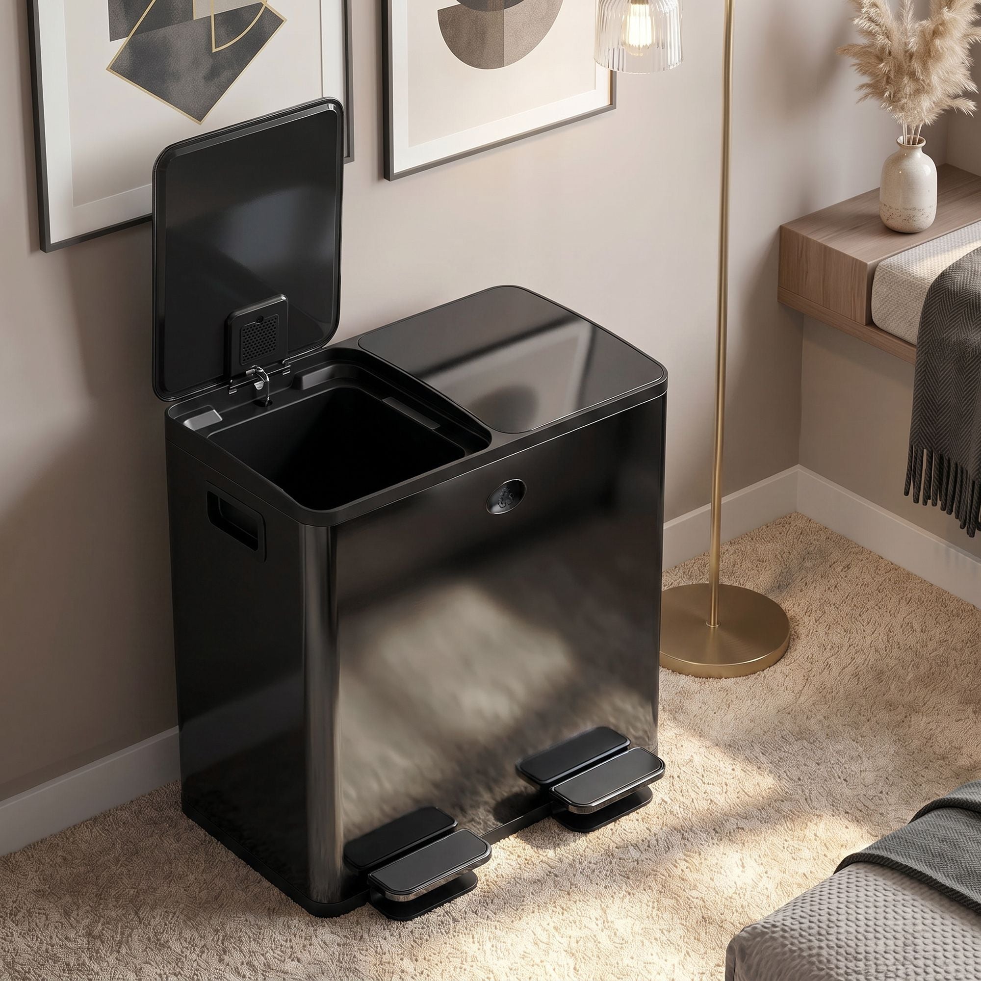 HOMCOM 2-Compartment Stainless Steel Step Trash Can, Black - product view 8