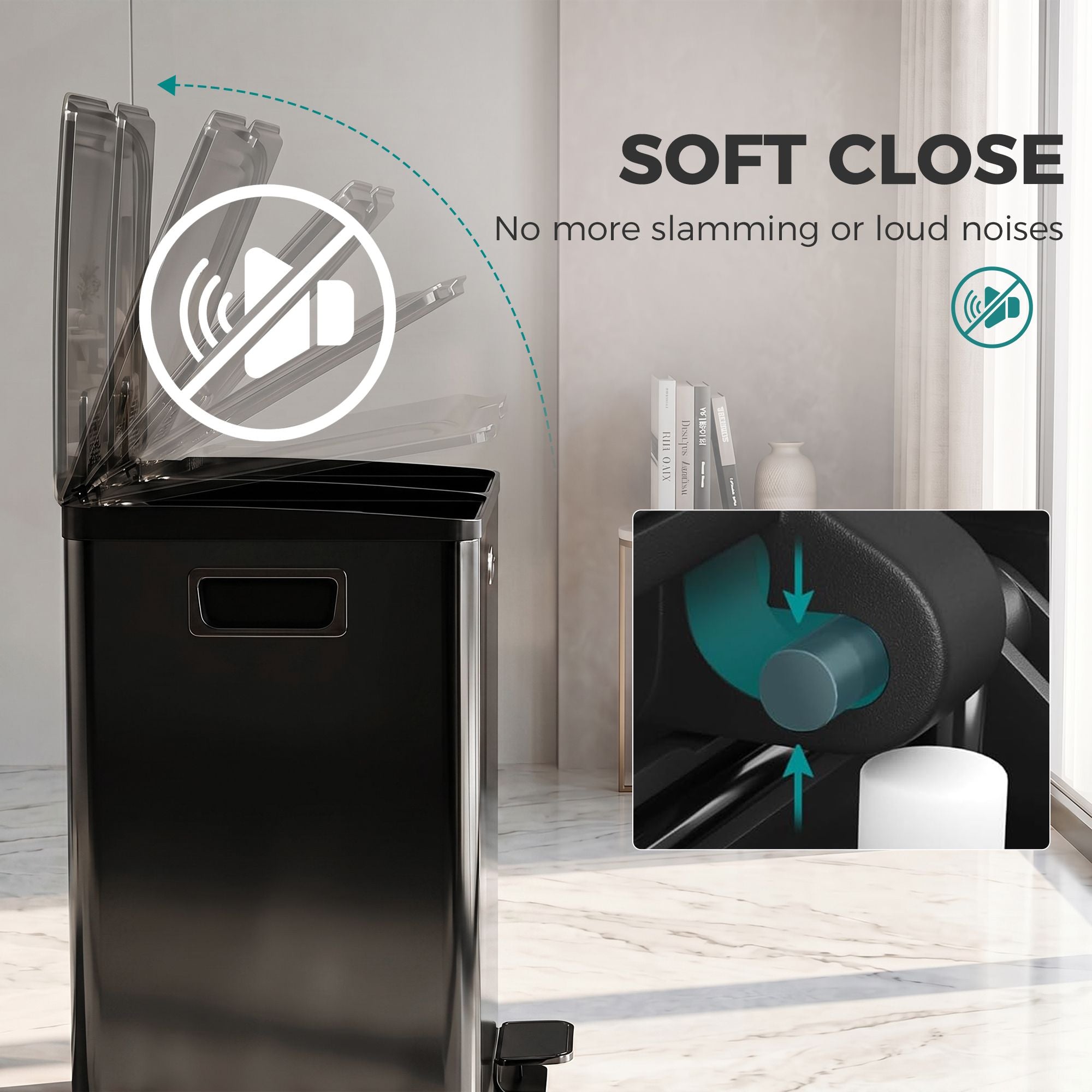 HOMCOM 2-Compartment Stainless Steel Step Trash Can, Black - product view 6