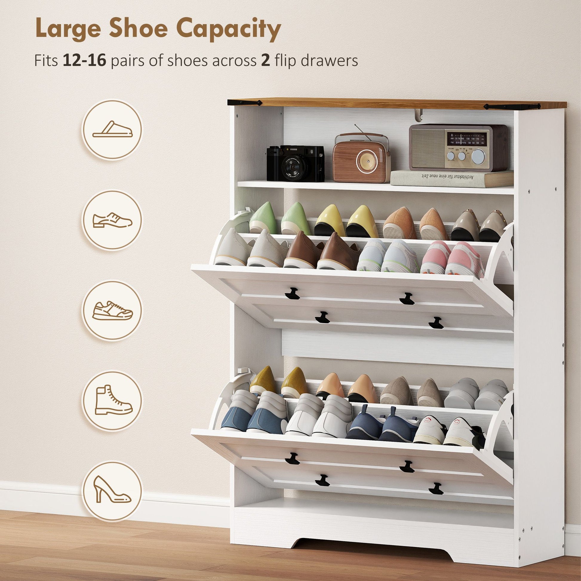 HOMCOM Shoe Cabinet with 2 Flip Drawers, White - product view 5