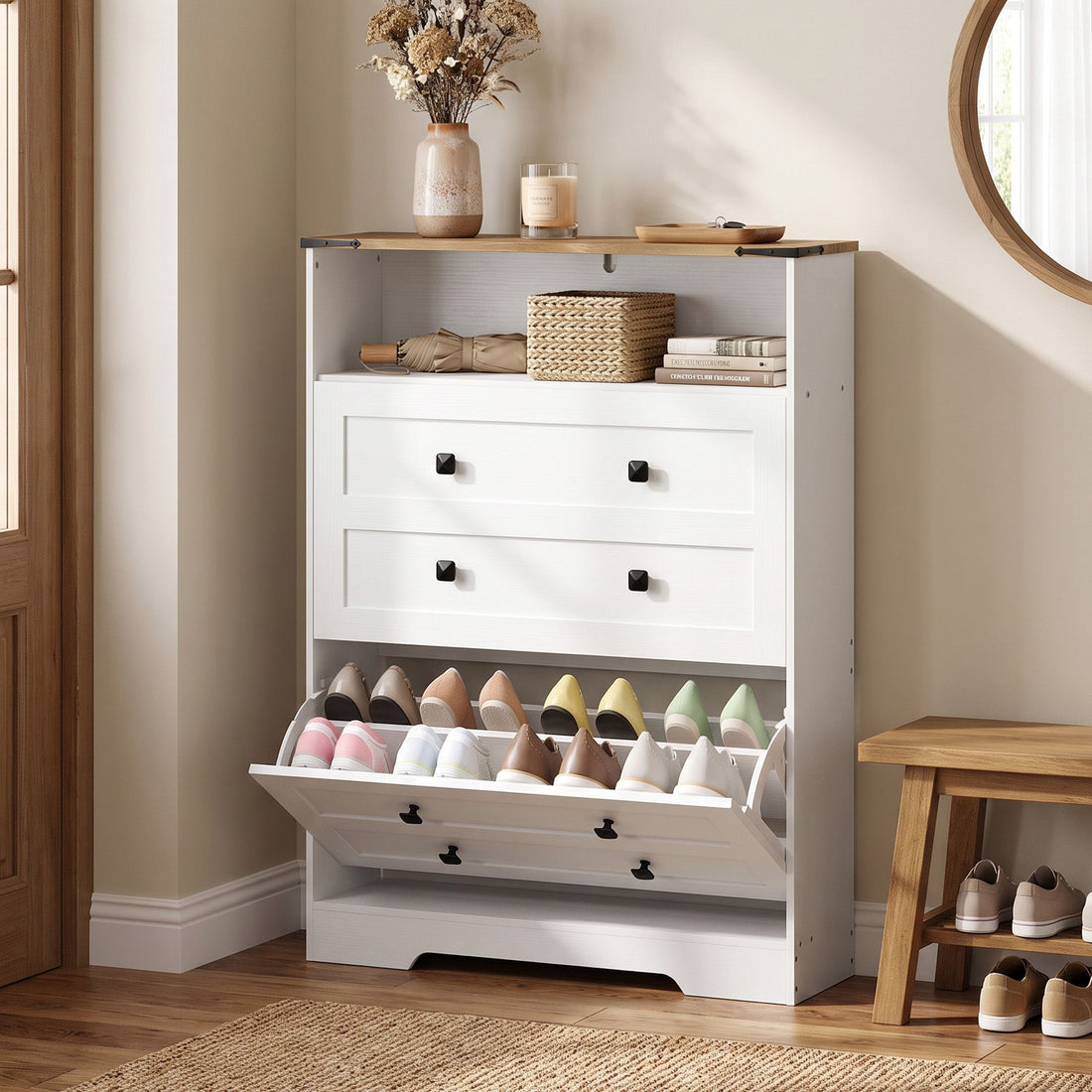 HOMCOM Shoe Cabinet with 2 Flip Drawers, White - product view 1