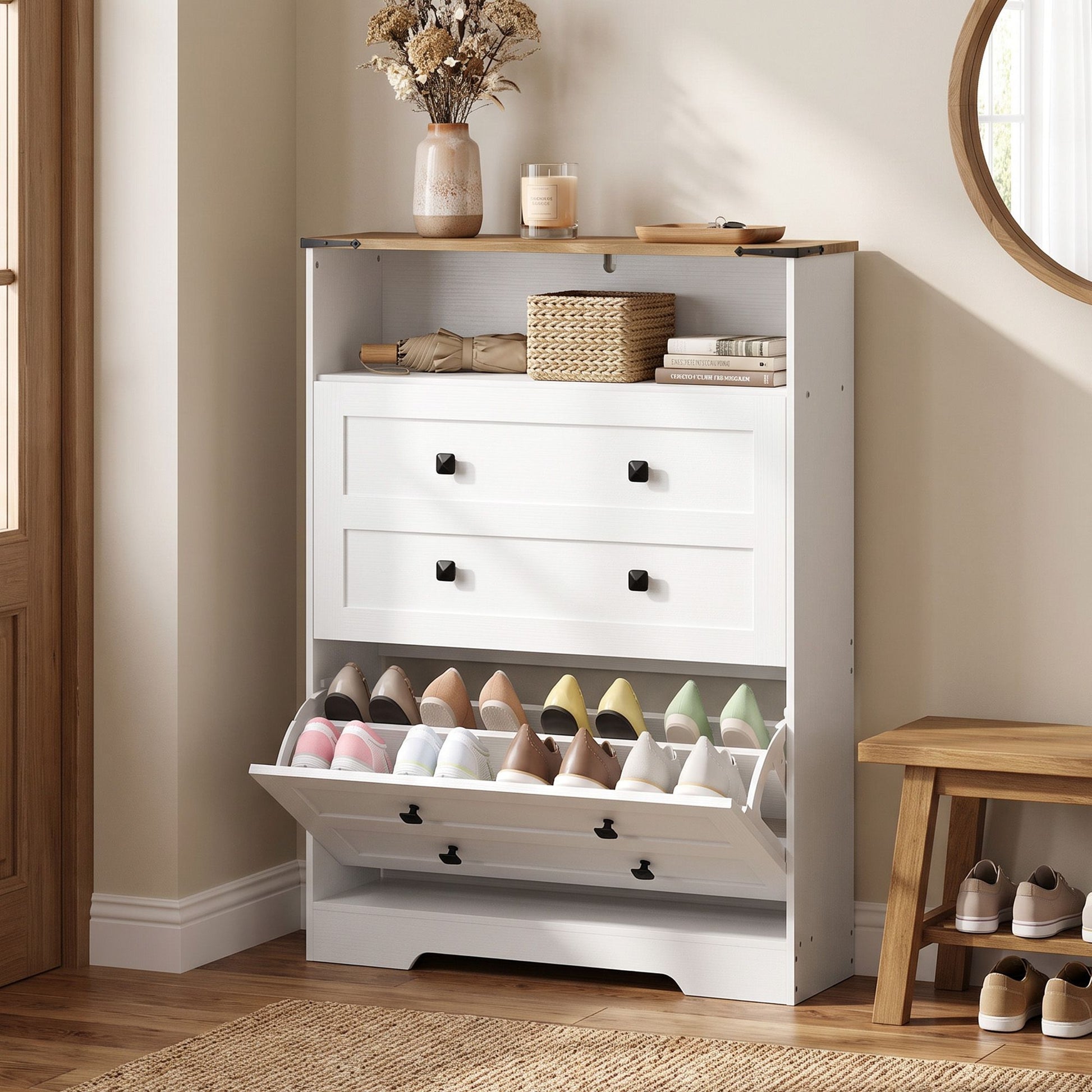 HOMCOM Shoe Cabinet with 2 Flip Drawers, White - product view 2