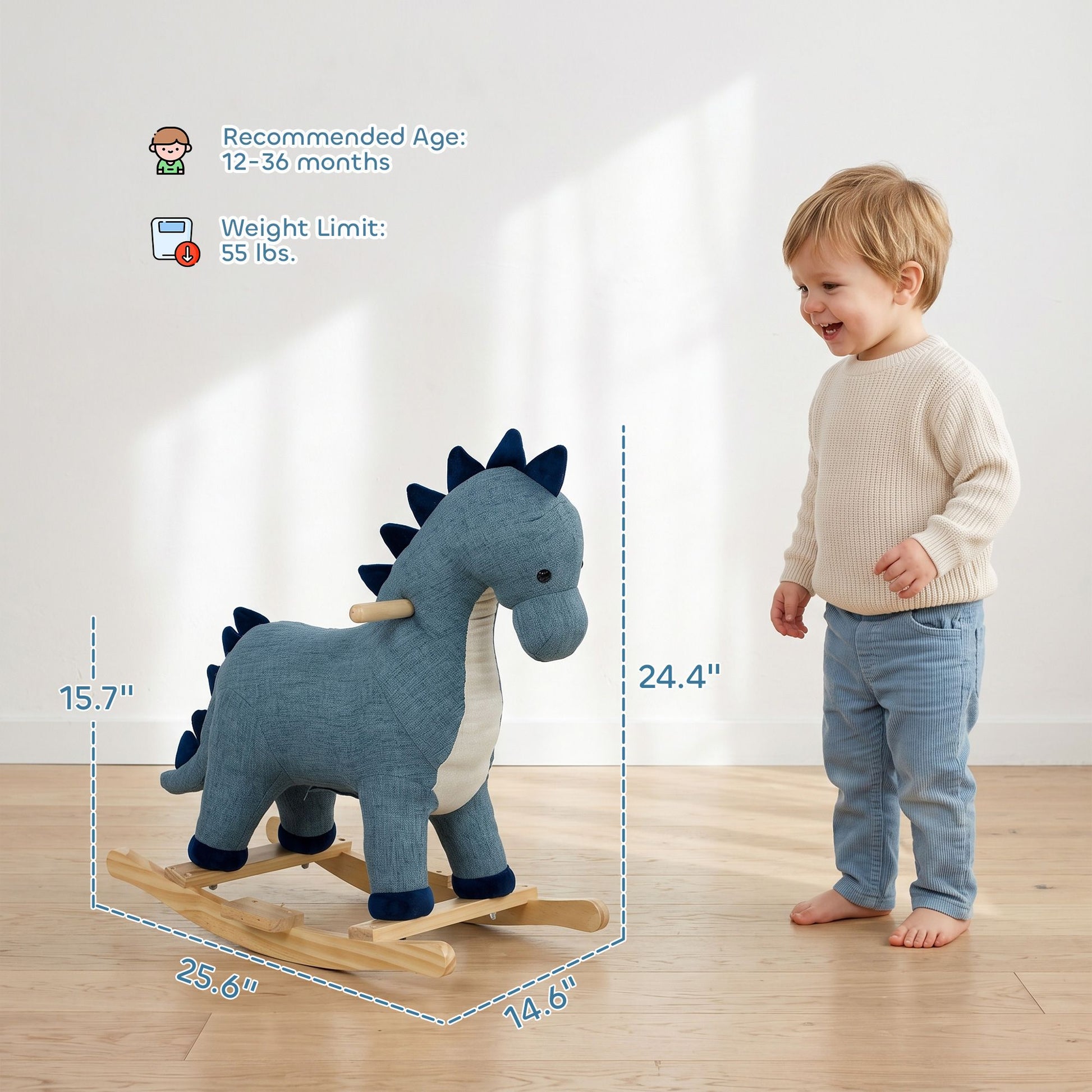 Qaba Dinosaur Rocking Horse with Sound for Toddlers, Dark Blue - product view 3