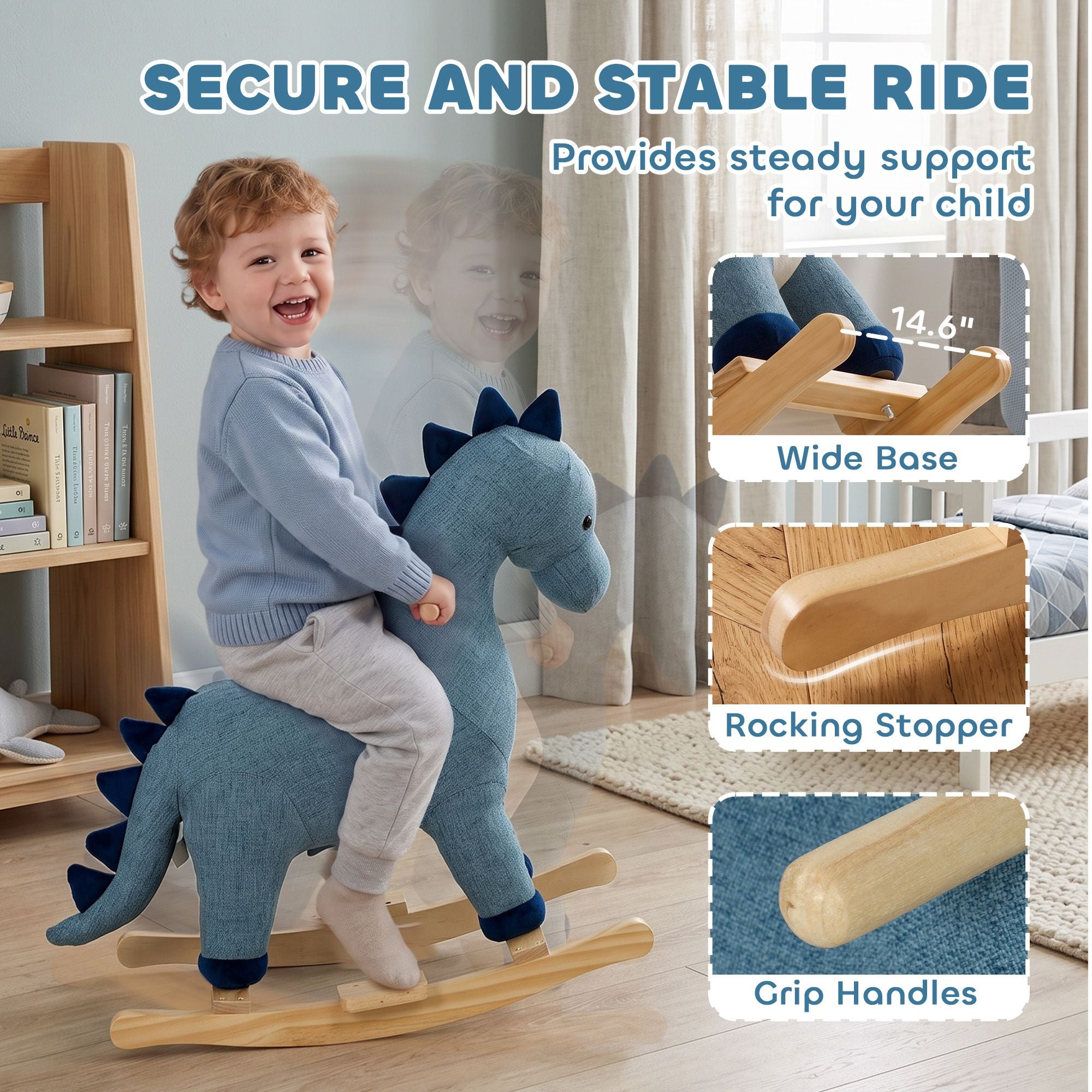 Qaba Dinosaur Rocking Horse with Sound for Toddlers, Dark Blue - product view 6