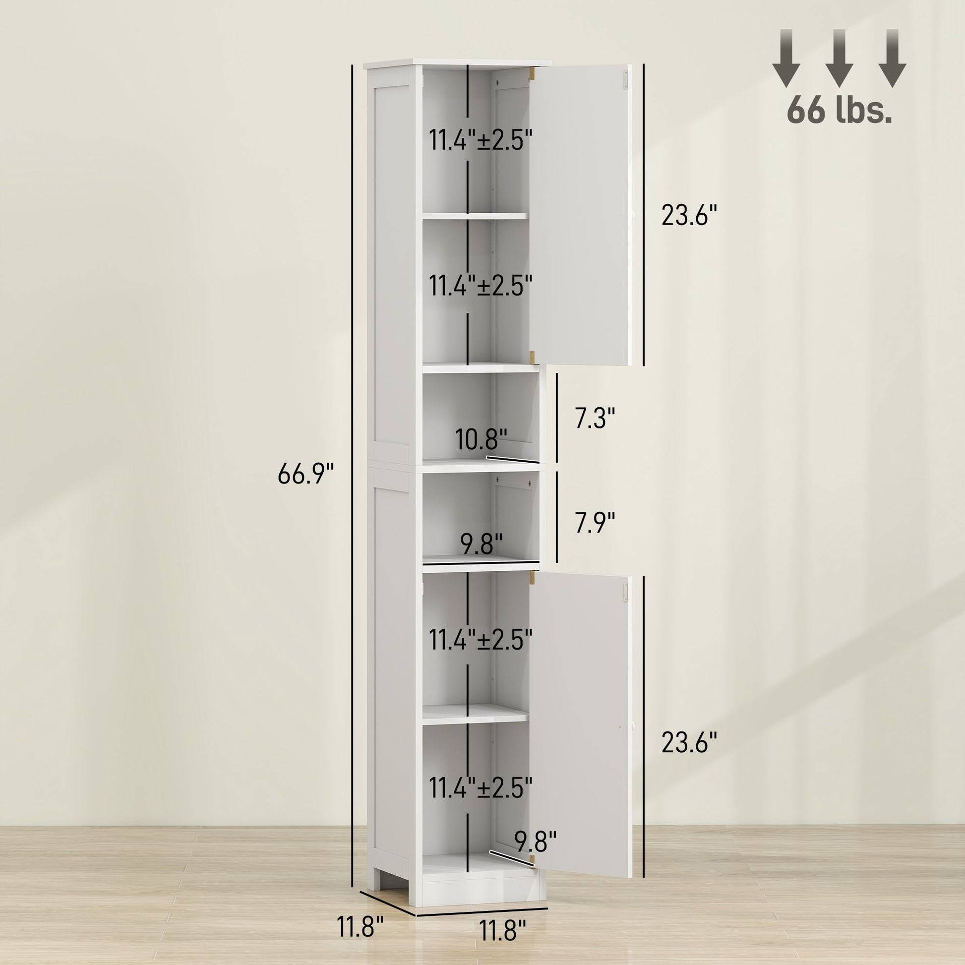 HOMCOM 70 in Tall Bathroom Storage Cabinet with Adjustable Shelves, White - product view 3