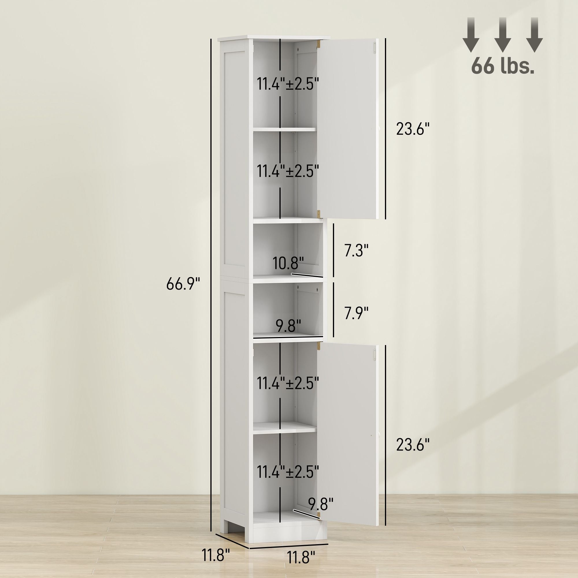HOMCOM 70 in Tall Bathroom Storage Cabinet with Adjustable Shelves, White - product view 3