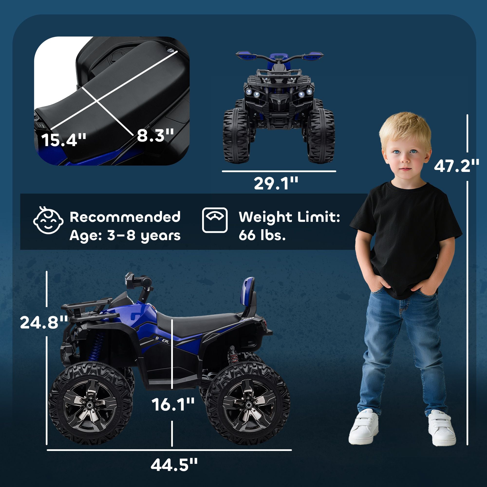 Aosom 12V Kids 4-Wheeler ATV with Music and Headlights, Blue - product view 3