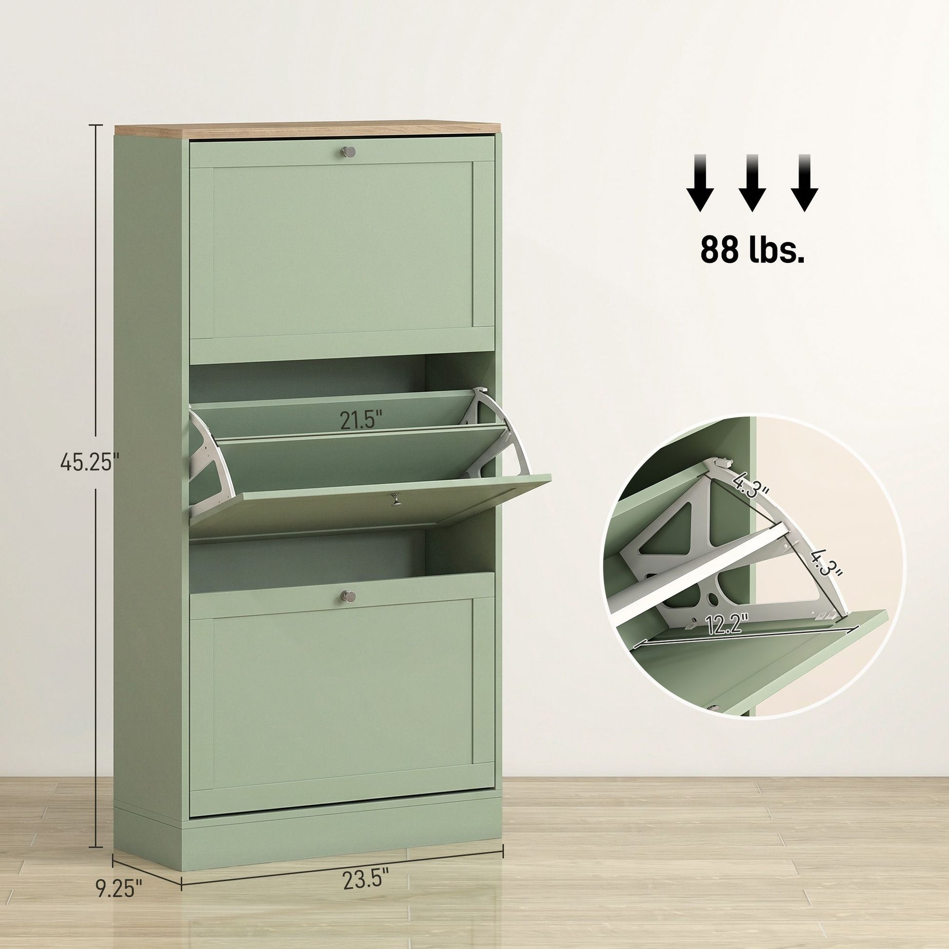HOMCOM Shoe Storage Cabinet with 3 Flip Drawers, Green - product view 3