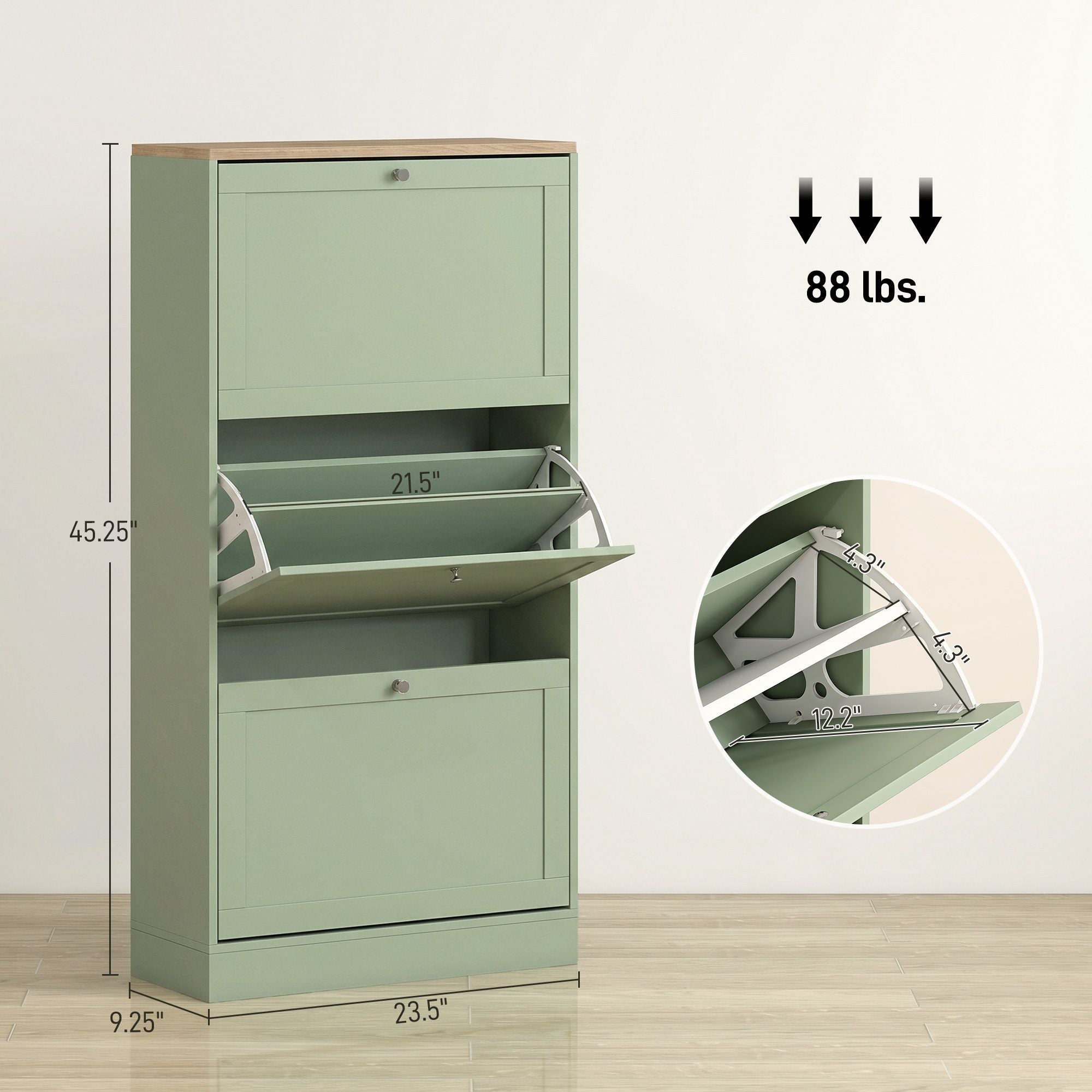 HOMCOM Shoe Storage Cabinet with 3 Flip Drawers, Green - product view 3