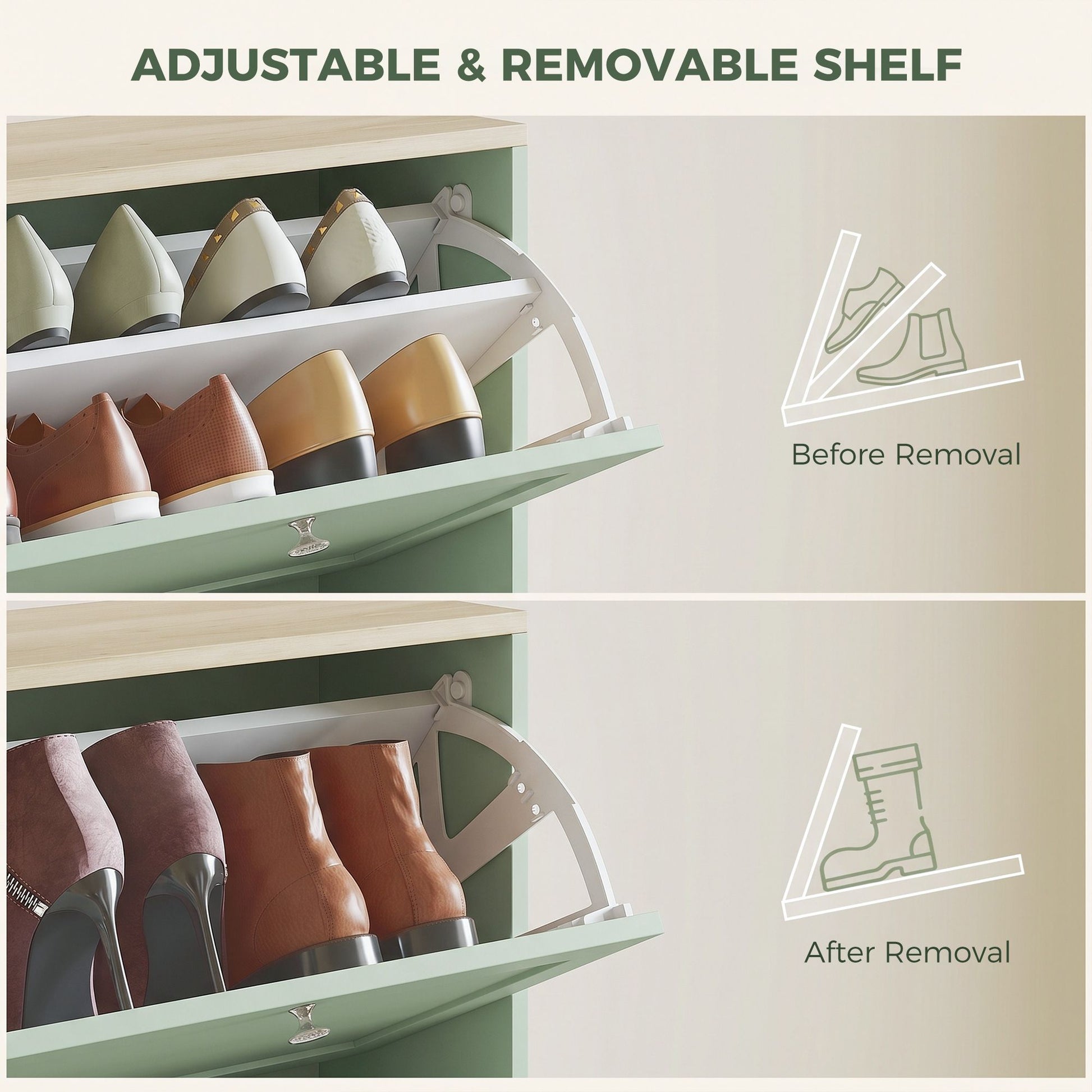 HOMCOM Shoe Storage Cabinet with 3 Flip Drawers, Green - product view 5