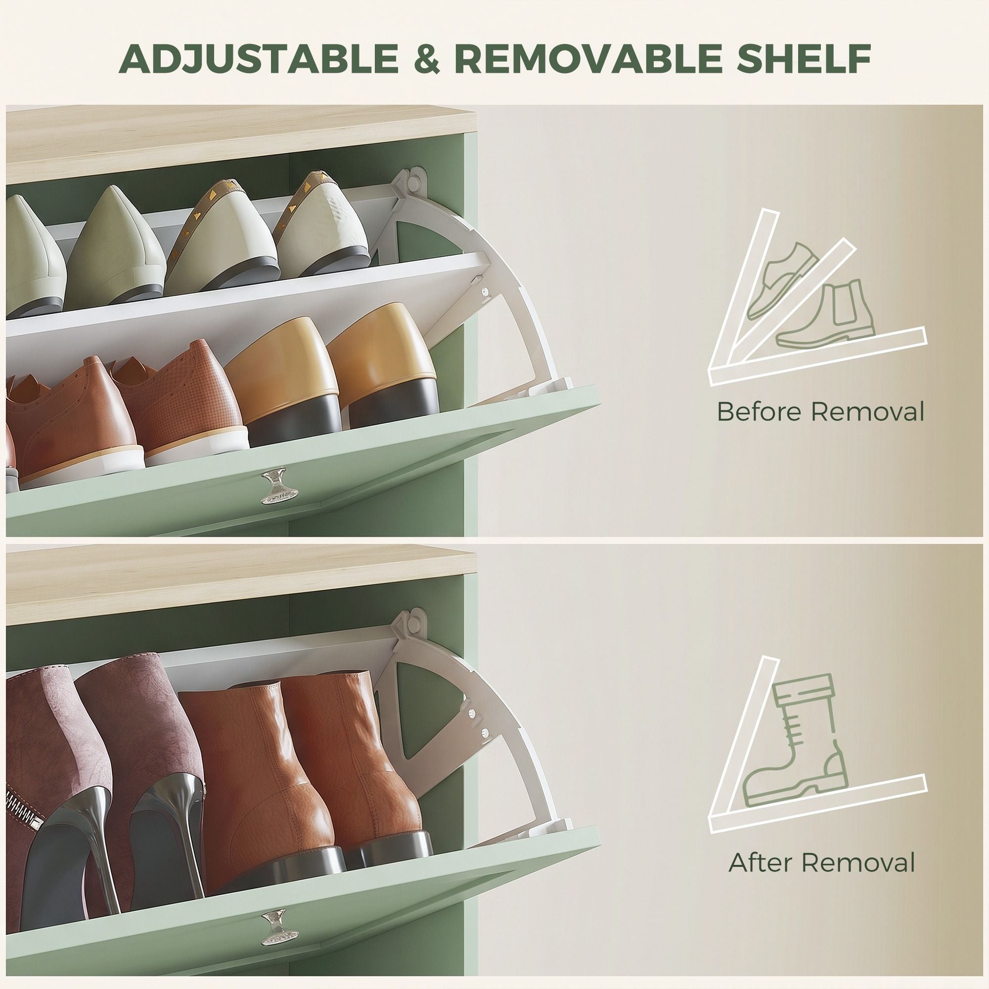HOMCOM Shoe Storage Cabinet with 3 Flip Drawers, Green - product view 5