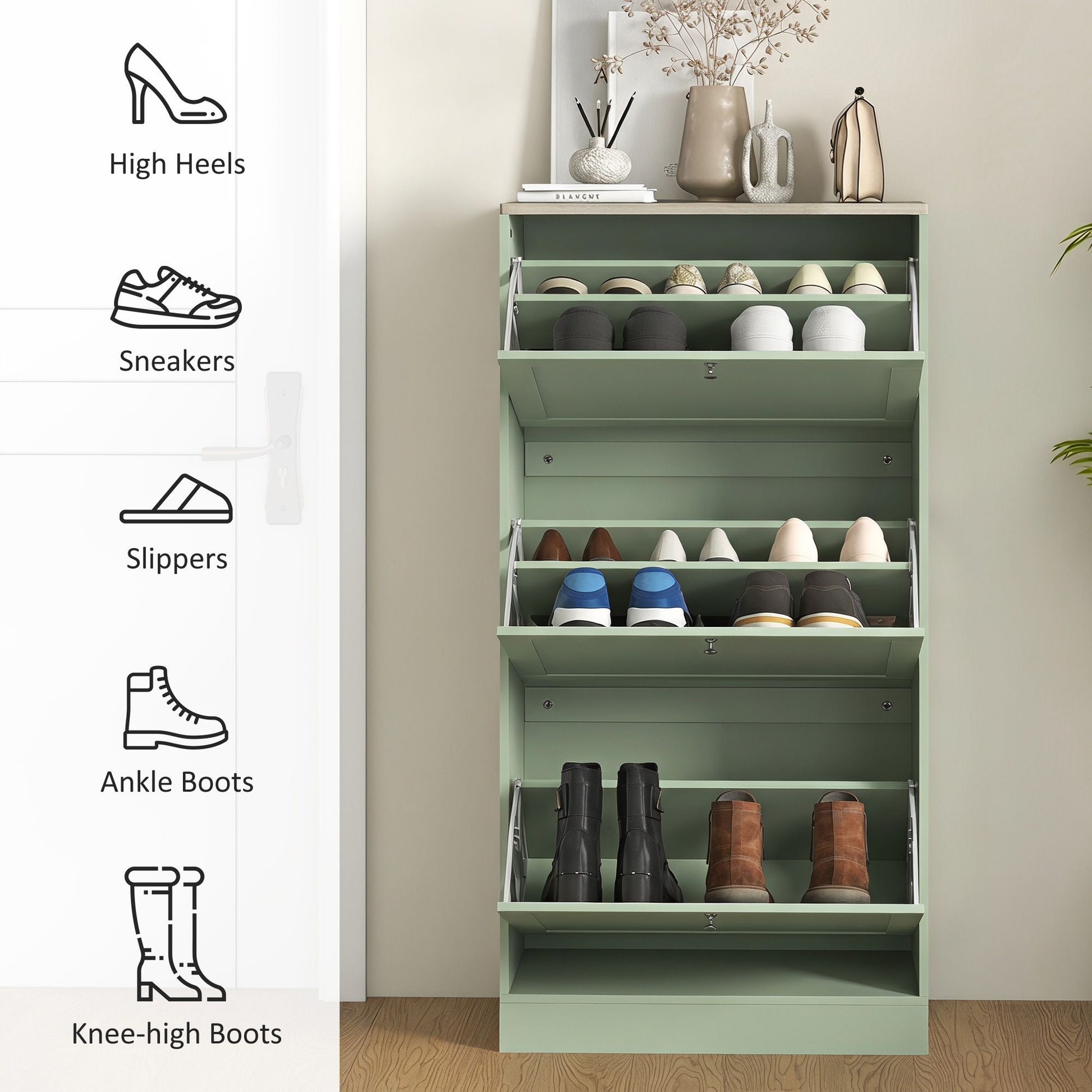 HOMCOM Shoe Storage Cabinet with 3 Flip Drawers, Green - product view 6
